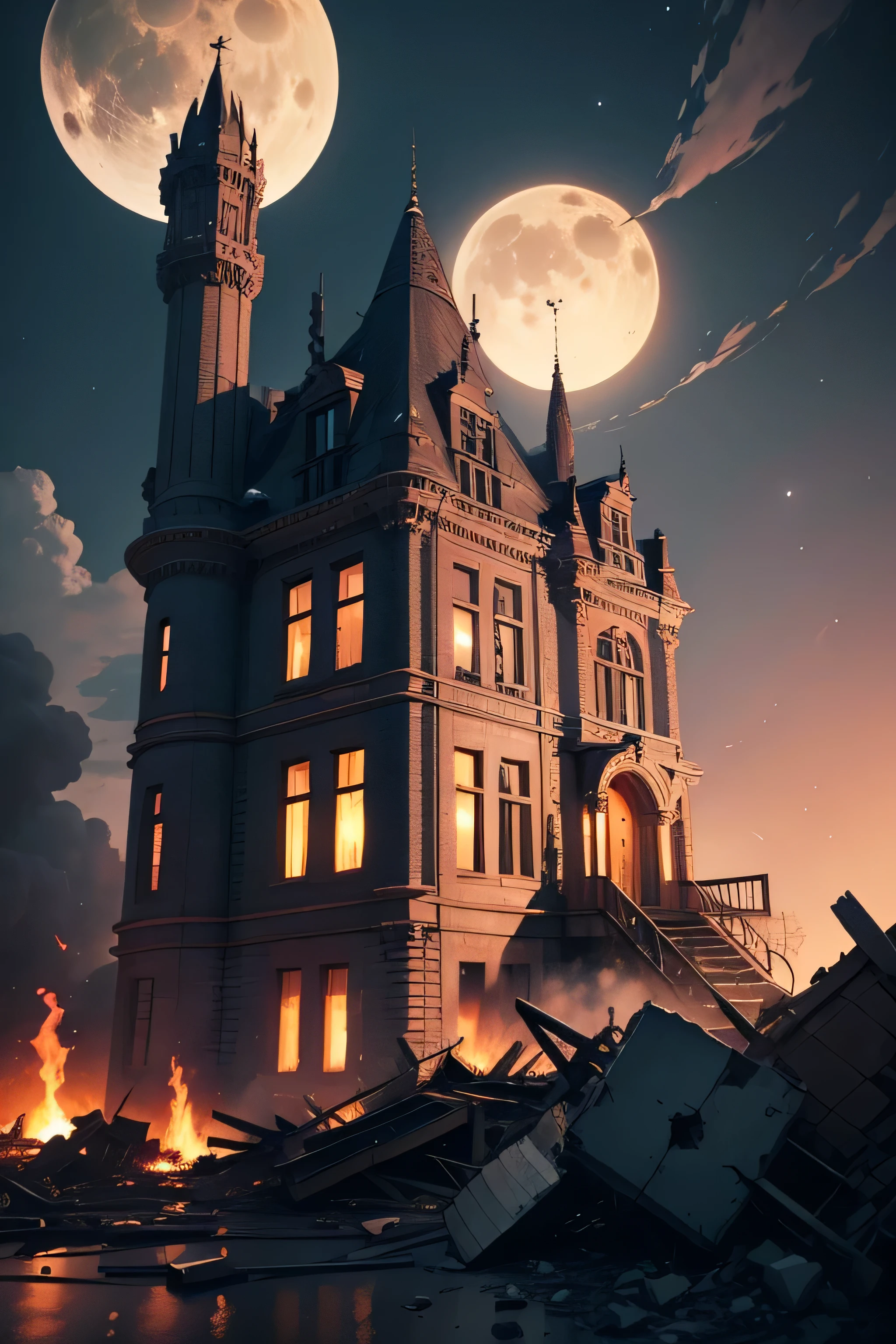 Rubble mansion, destruction, fire, night and a moon in the sky... Animation style, 2d, anime, with ultra realistic details.