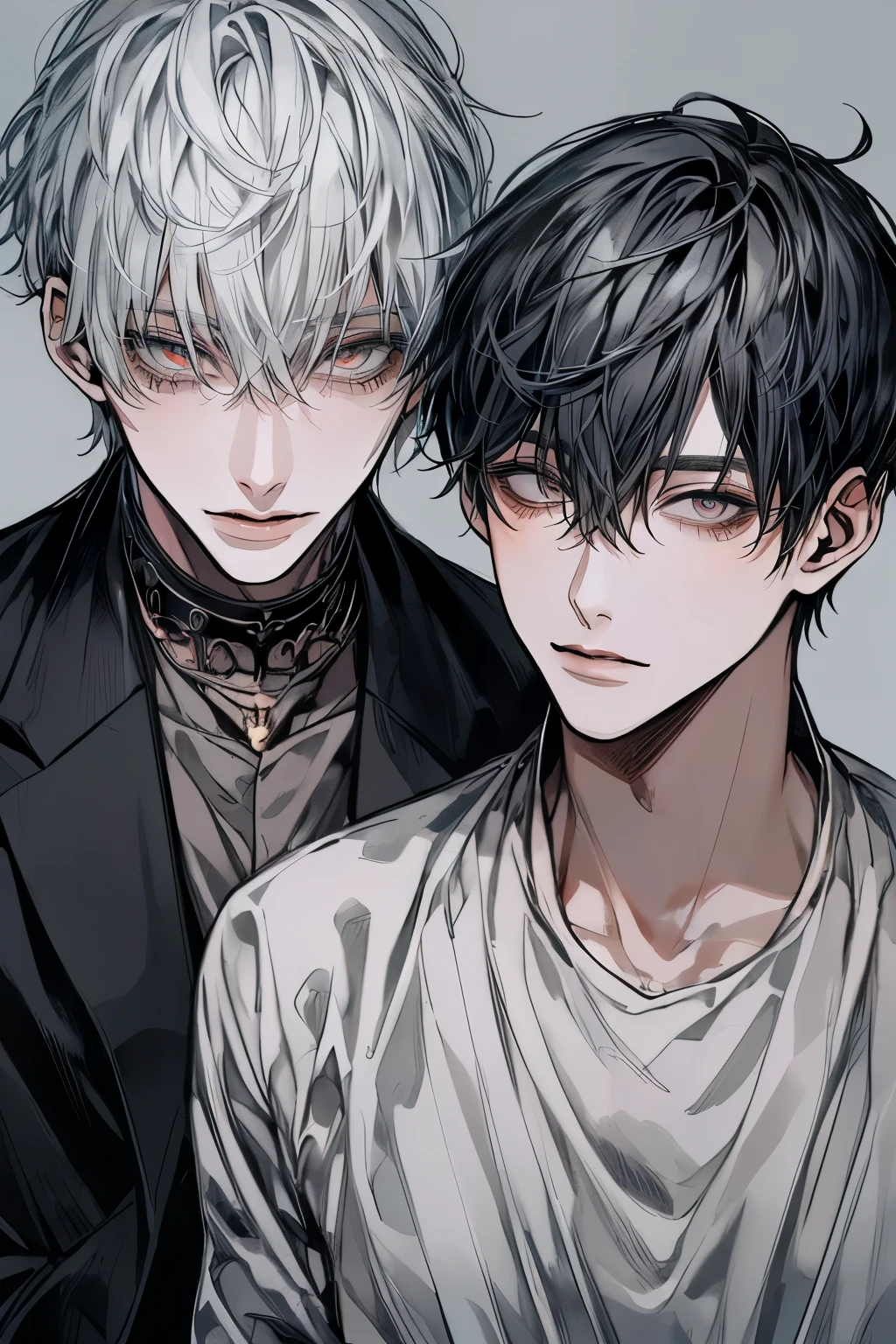 (Mastepiece), (Best Quality), Very detailed, (((Two friendly men:1.5))), Perfect Face, Beautiful Face, Very detailedな顔，(Black-haired man:1.3)，(Grey-haired man:1.3)，T-Shirts、cigarette