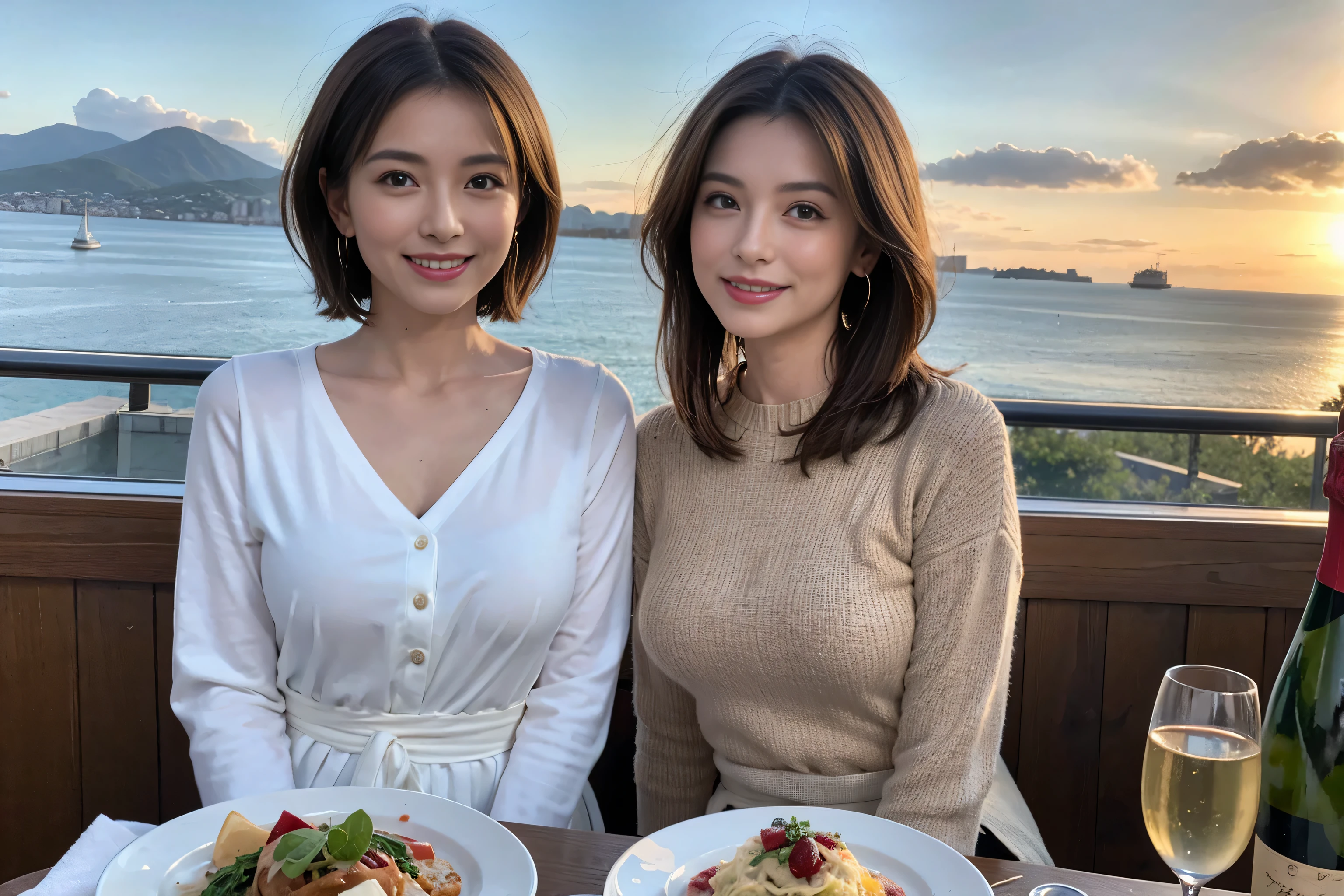 (Realistic:1.1),(masterpiece,Highest quality),8k,(49 years old), 47 years old, Model Couple、actress/actor、Tight waist,Upper Body,full-course dinner、wine 、Amazing view of the sunset sky and clouds、Perfect Anatomy, Brown Hair, short hair,Random Hairstyles,((Highly detailed face and eyes:1.2)),Perfect golden ratio face,Long sleeve shirt、dress,(smile:1.2)、Shortcuts、cute、(Realistic, Intricate details:1.2), A bright smile、short hair,Bright Face、赤wine 、Appetizers、Italian food、wine bottle、Champagne、スパークリングwine、(slimな顔), (The body is slim), (Brown Hair), (Shortcuts), Upper Body, 白wine, slim, wineグラス,