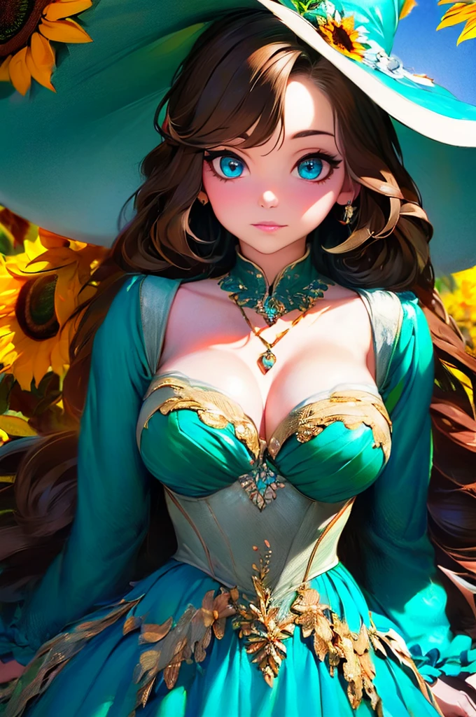 (  Absurdly , High quality , ultra detailed ) ,( hand detailed ) , 1girl, solo, mature, very long hair, sunflower hair , beautiful crystal eyes ( eye detailed ) Baroque, Necklace, long dress, long sleeve, elegant, colorful, highest detailed, upper body , with the river and sunflowers