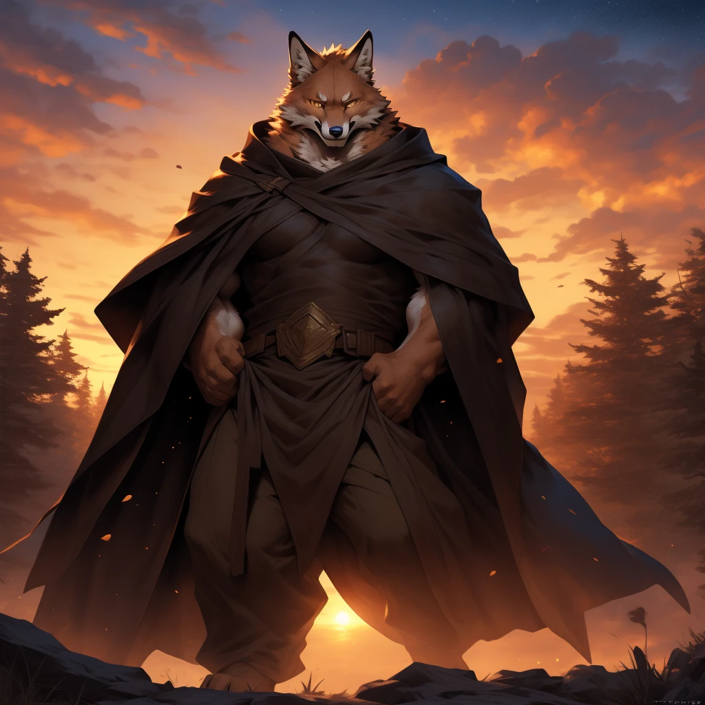 Sunset. fox, In partial shadows, Black cape. brown robe, 4K, high resolution, best quality, Perfect color, Perfect shadow, Perfect lighting, Posted on e621, Hairy body, fox, Golden fur, Orange skin, Solitary, male, aldult, male, (Strong:1.2), Correct anatomy, (Realistic hair, Fine fur, epic, masterpiece:1.2), (Dark fantasy world background, Trees, Black sky, Sunset, Stars visible in the sky), (author：taran fiddler, By Chuni, author：Traver009, From wfa:1.1), (Brown cloth pants, Bronze buckle belt.:1.2), (Delicate eyes, Golden Eyes:1.2), (Half Body:1.1), Serious face, Strong posture, proudly, Soft shadows, Looking at the audience, Messy fur, rough, robe, Slightly slit tunic.Saint Wanderer