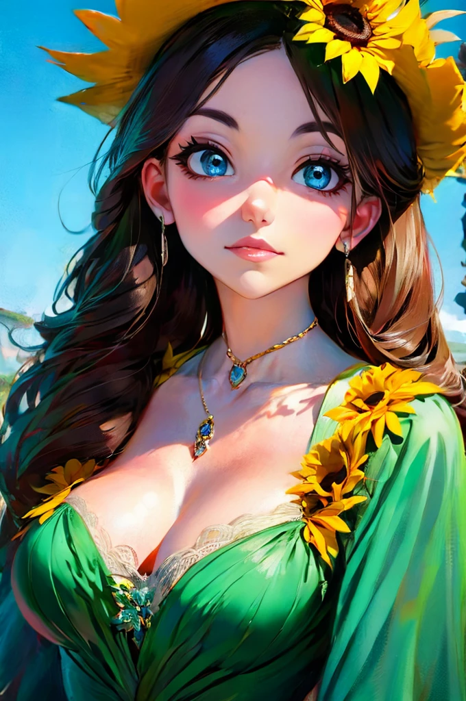 ( Absurdly , High quality , ultra detailed ) ,( hand detailed ) , 1girl, solo, mature, very long hair, sunflower hair , beautiful crystal eyes ( eye detailed ) Baroque, Necklace, long dress, long sleeve, elegant, colorful, highest detailed, upper body , with the river and sunflowers