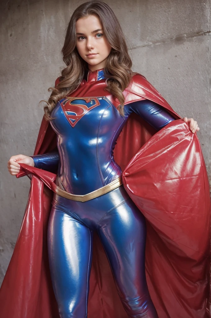 14 year old girl, sexy, big breasts, wearing a metallic latex Supergirl suit, cape, skirt, and hair flowing. Extra details: Red cape and skirt  that are both made of metallic latex; the main part of the suit is dark blue