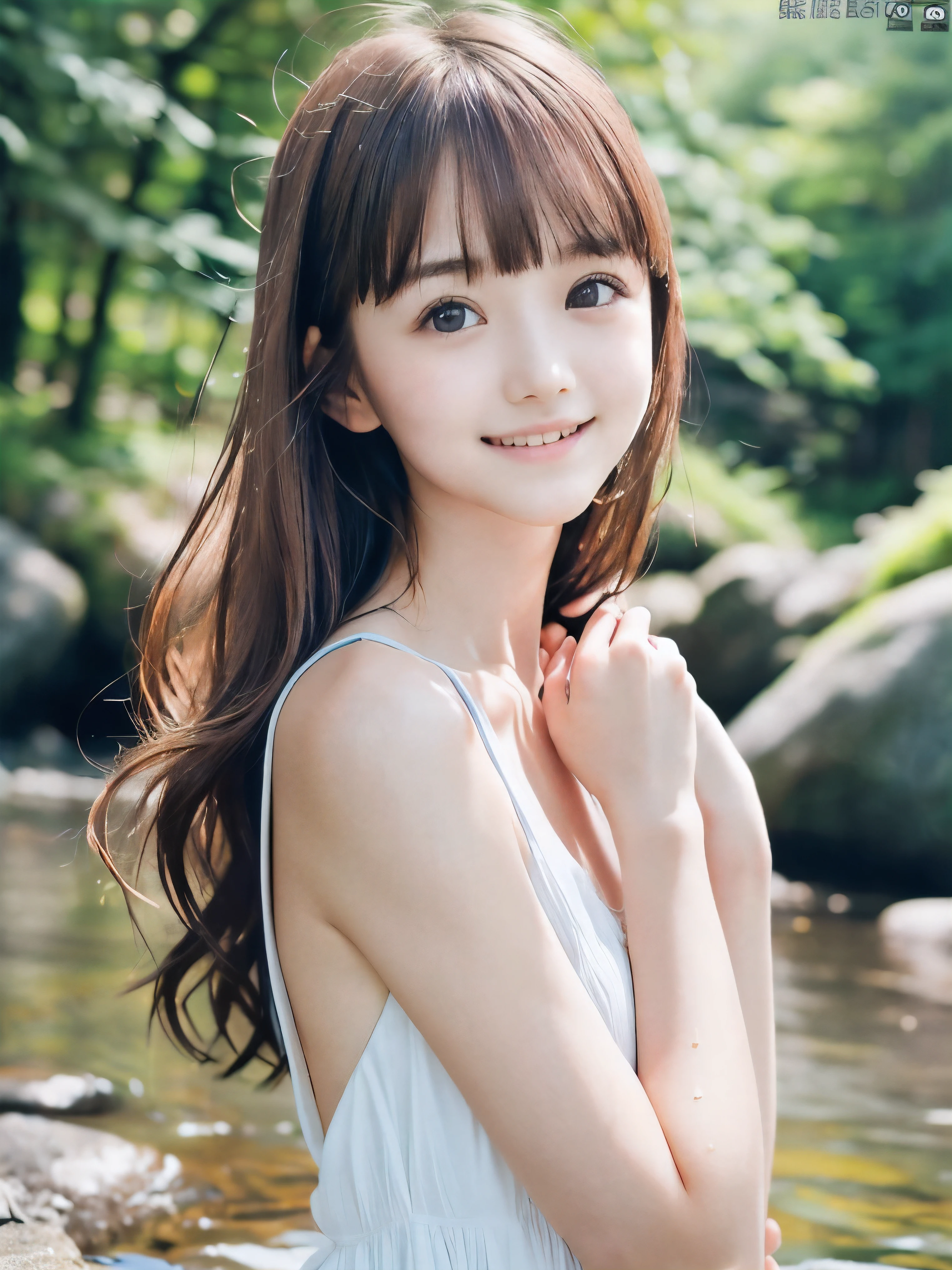 (Close up portrait of slender small-breasted red brown wavy long hair with dull bangs girl wearing a white summer dress:1.5)、(One girl is playing with shy smile in the clear stream and water fall at the forest in Japan:1.5)、(Summer beautiful blue sky and forest:1.5)、(blurred background:1.5)、(8k ultra detailed master piece:1.5)、(perfect anatomy:1.5)、(Photorealistic stick:1.5)、(Raw photo:1.3)、(highest quality:1.5)、(High resolution:1.3)、(Delicate and beautiful perfect face:1.3)、(Delicate and beautiful eye air skin:1.3)、(Real Human Skin:1.3)、((thin legs))