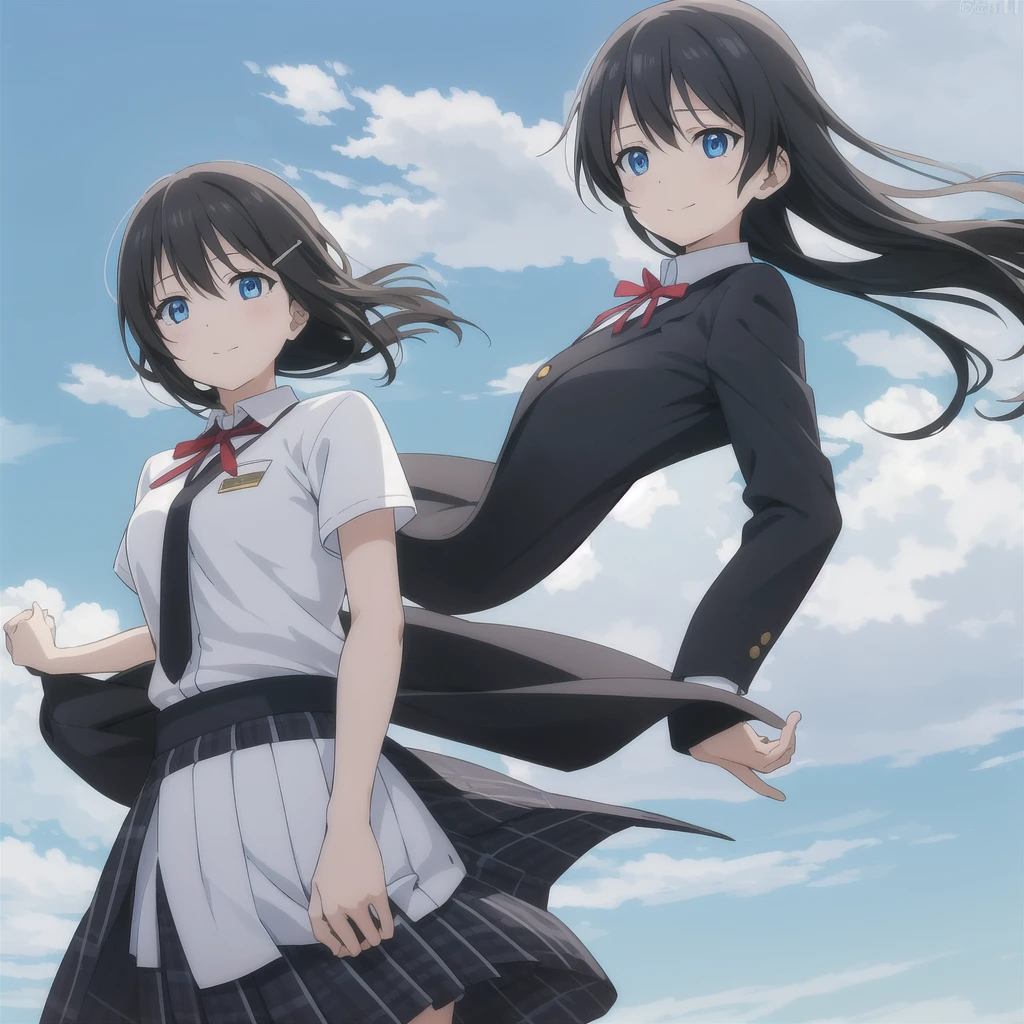 One girl, High resolution, Long Hair, bangs, Black Hair, Hair blowing in the wind, Straight Hair, chest, smile, blue eyes, Open your mouth, tears, Are crying, Slanted Eyes, Cry with your eyes open, Sad, Tsundere, Simple Background, anime, modern, high school girl,uniform