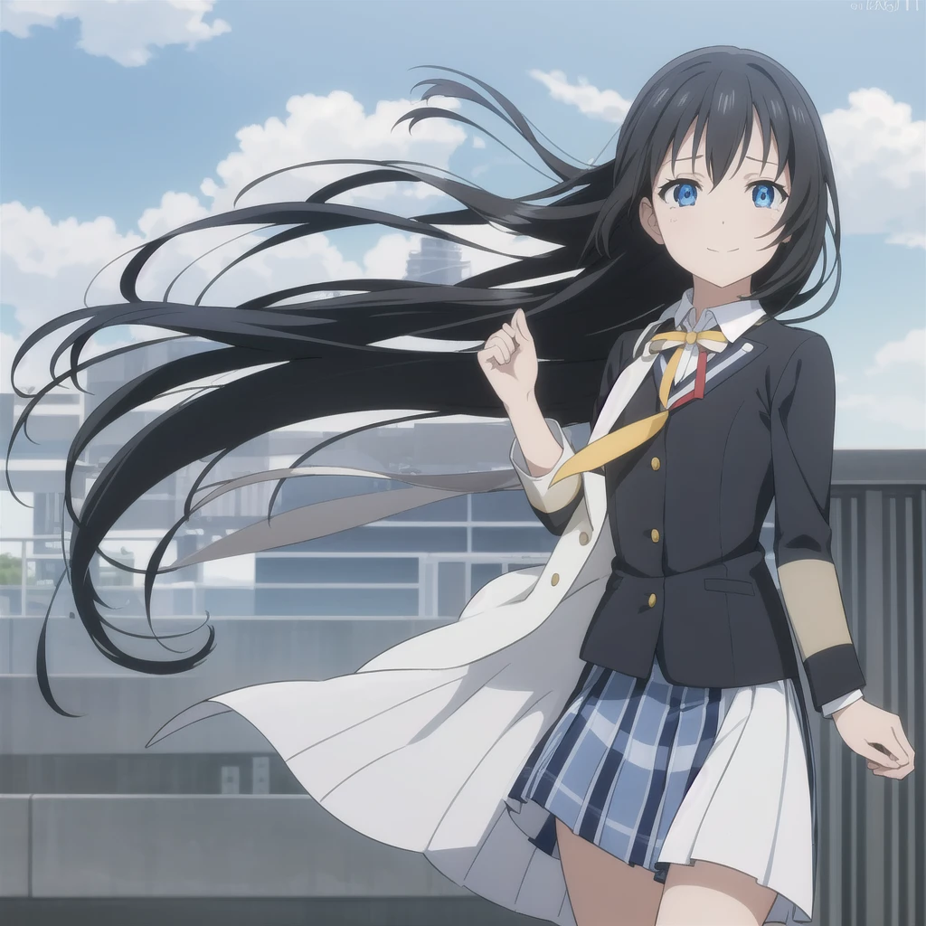 One girl, High resolution, Long Hair, bangs, Black Hair, Hair blowing in the wind, Straight Hair, chest, smile, blue eyes, Open your mouth, tears, Are crying, Slanted Eyes, Cry with your eyes open, Sad, Tsundere, Simple Background, anime, modern, high school girl,uniform