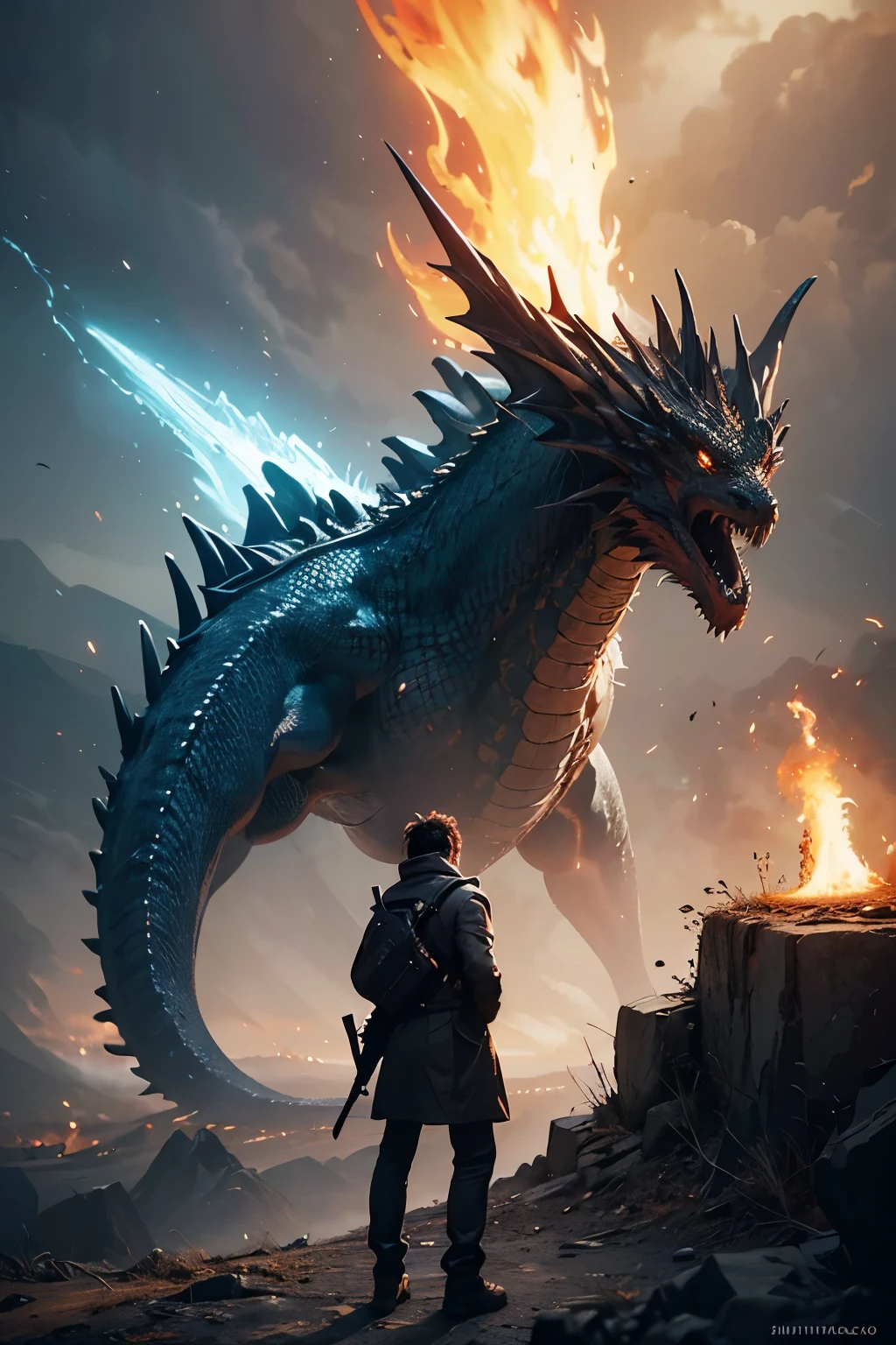 A very detailed painting,universe world, Depicts a man have a weapon on a hill gazing at a giant alien monster lightning rain breath, author:Shinkai Makoto, By Art Jem, From Wlop, author:Greg Rutkowski, Volumetric Lighting, Octane Rendering, 4K resolution, Popular on artstation, masterpiece ,flame magic