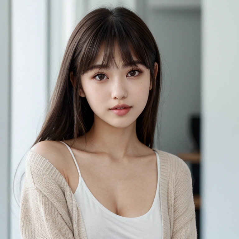 1girl,3d,artist name,blurry,blurry background,blurry foreground,bokeh,breasts,brown eyes,black hair,chromatic aberration,collarbone,depth of field,lens flare,lips,looking at viewer,motion blur,closing mouth,indoors,photo background,piercing,realistic,long hair,straight hair,solo,sweater,swept bangs,teeth,upper body,summer,camisole,smooth cloth,cardigan,
messy hair,sleeveless,white room,evening,show arms,no brown,no window,lightly dressed,kiss,puffy cheeks,ungry,Mushy