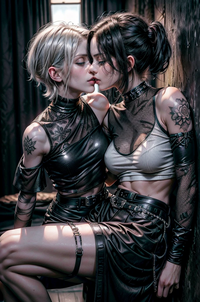 (Detailed illustrations, Very detailed and detailed drawing, Delicate lines with slow and rapid, Realistic texture expression), Two women facing each other, very short white hair with black tips, ( emo hairstyle, ), goth, pale white skin, (((passionate kissing))), kiss, (((eyes closed))), (((closed eyes))), erotic, (((one girl is touching the other sensually and grabbing her crotch))), ((intimate)), (girls bedroom background), dark lighting, cold atmosphere, lore_Emma , dark eyeliner, (ultra dark glossy black lipstick), bored expression, gorgeous face , super cute, 18 years old , hyper detailed face, (super skinny figure , large breast, thin waist, narrow hips, slim legs), one girl is pressed up against a wall, one girl is leaning into the other girl, abs, LowriseXL, (ultra low rise wet look shiny ultra glossy leather pants with transparent flower pattern), (mesh shirt with flower pattern under bare shoulder white t-shirt), black choker, vulva tattoo, (white lotus flower in hair), ((flower pattern tattoo)), abs, fingerless leather gloves, (black nail polish), faded tattoo's, ((thigh belt)), ((hip chains)), ((belt hanging on hip)), ((many studded belts))