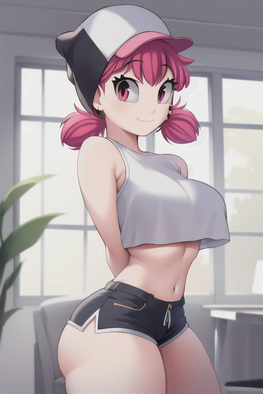 masterpiece, best quality, sayman, 1girl, solo, large breasts, thick thighs, pink hair, hat, twintails, pink eyes, smile, crop top, midriff, navel, short shorts, looking at viewer, indoor, cowboy shot ,