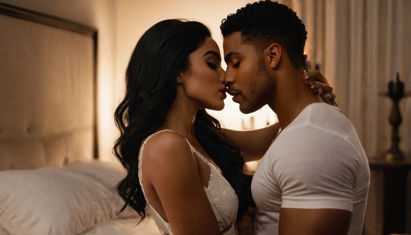 Emeraude Toubia and a handsome African American male whose facial features are a combo of Christian Keyes + Rome Flynn + Nathan Mitchell share a steamy kiss inside a bedroom lit only by candlelight. Emeraude has lovely makeup on her face. Emeraude wears red lipstick. Nighttime. Romantic ambiance. Symmetrical eyes. Symmetrical faces. Lovely details. Photorealistic. Full-colored photo. Professional photo. Highly detailed 8K.