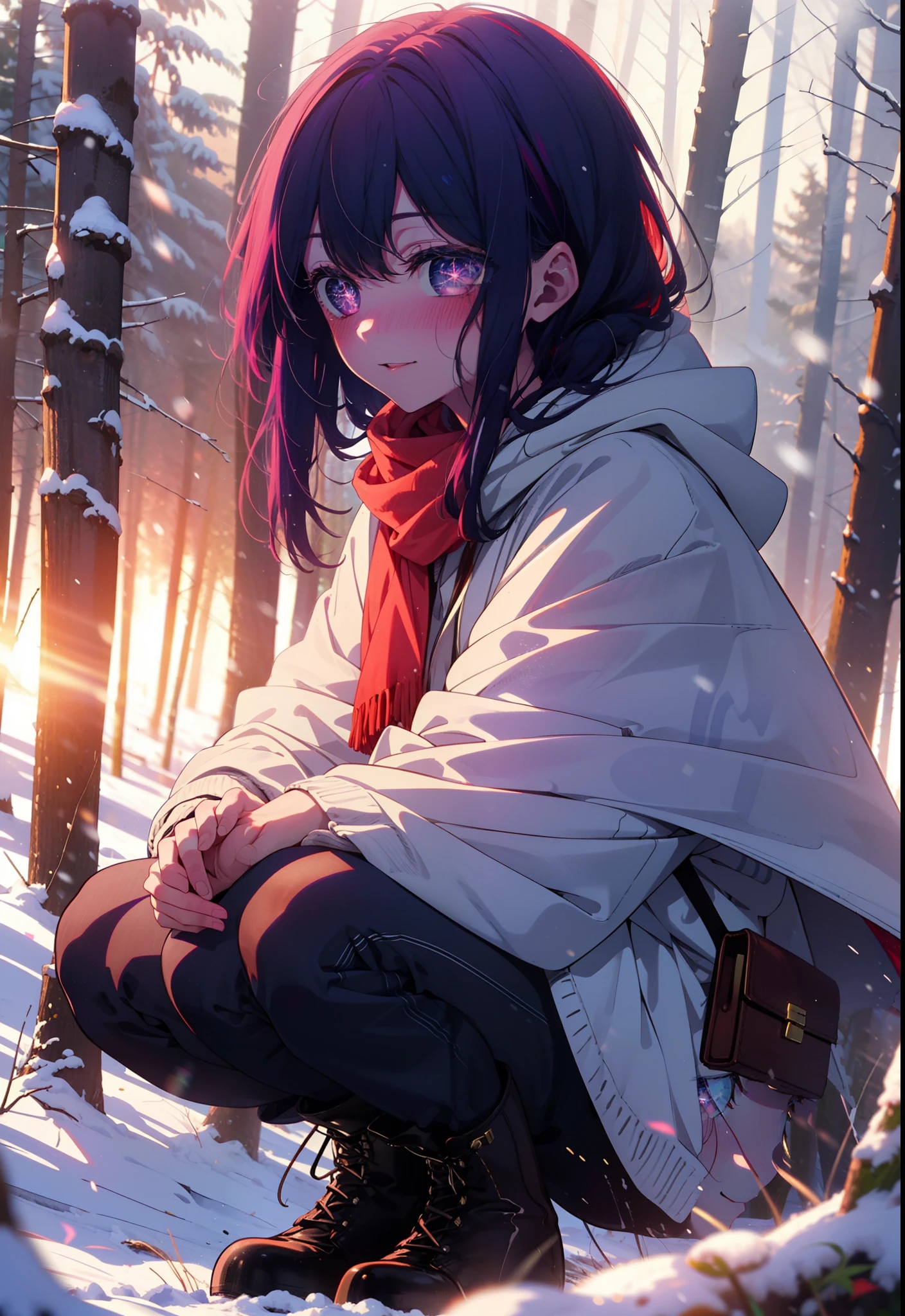 aihoshino, Ai Hoshino, Long Hair, bangs, (Purple eyes:1.1), Purple Hair, (Symbol-shaped pupil:1.5), smile,,smile,blush,white breath,
Open your mouth,snow,Ground bonfire, Outdoor, boots, snowing, From the side, wood, suitcase, Cape, Blurred, , forest, White handbag, nature,  Squat, Mouth closed, Cape, winter, Written boundary depth, Black shoes, red Cape break looking at viewer, Upper Body, whole body, break Outdoor, forest, nature, break (masterpiece:1.2), Highest quality, High resolution, unity 8k wallpaper, (shape:0.8), (Beautiful and beautiful eyes:1.6), Highly detailed face, Perfect lighting, Highly detailed CG, (Perfect hands, Perfect Anatomy),