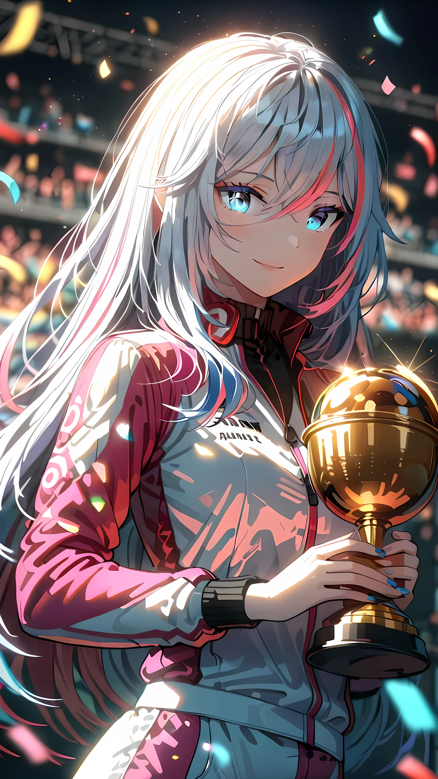 1girl, blue eyes, smile, split-color hair:1.3, long hair, pink racing suit , pale skin, holding trophy, stage, confetti, sunshine, dramatic lighting, soft shadow, masterpiece, best quality, safe, SFW, very aesthetic, recent, absurdres, highres, lighting, glowing,