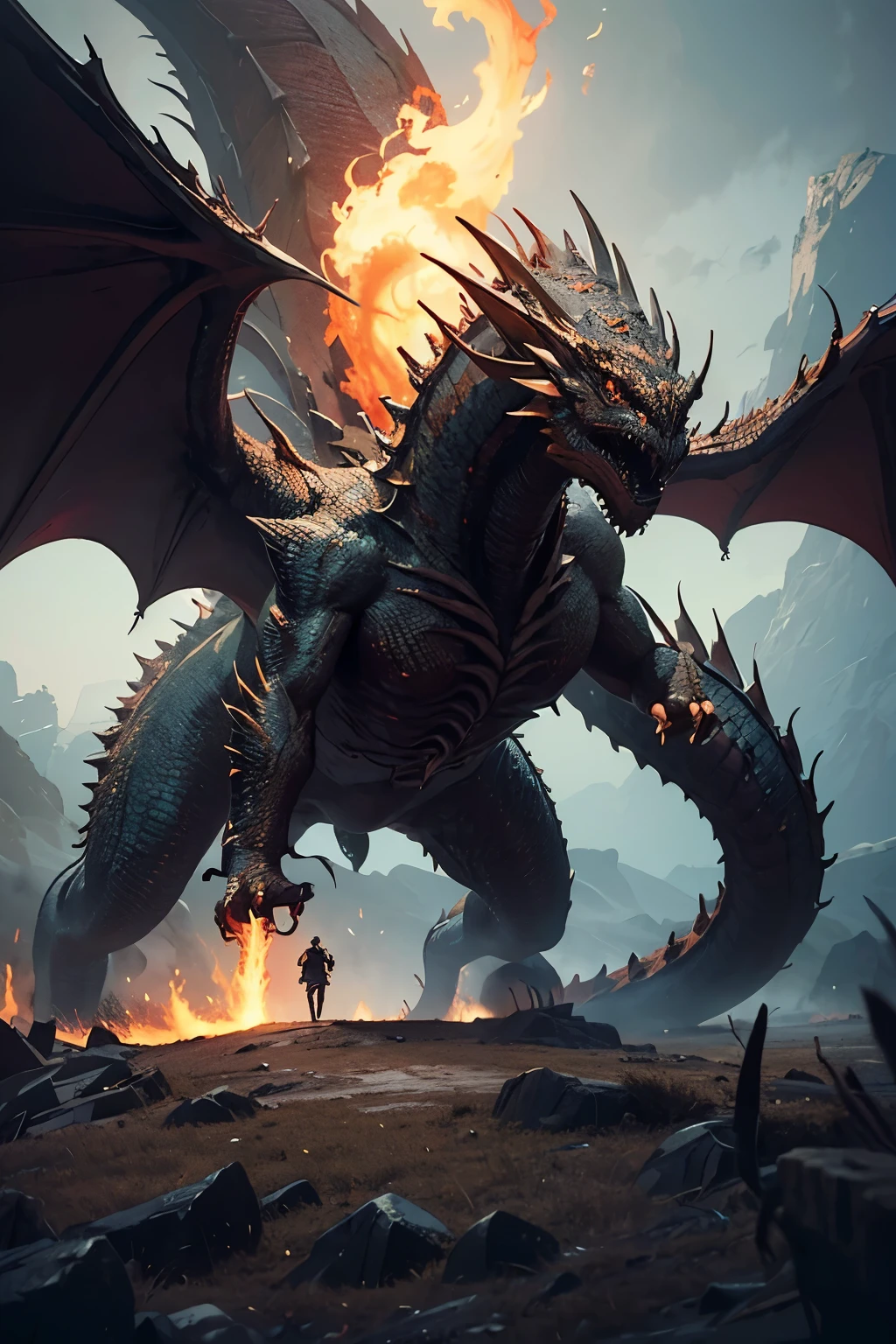 A very detailed painting，Depicts a man　have a weapon on a hill gazing at a giant alien dragon flame breath, author：Shinkai Makoto, By Art Jem, From Wlop, author：Greg Rutkowski, Volumetric Lighting, Octane Rendering, 4K resolution, Popular on artstation, masterpiece ,wind magic