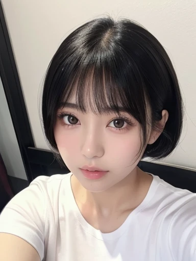 20-year-old women、Japanese、Beauty、The eyes are double、White pajama T-shirt、White Background、Breast、Beautiful Skin、Glossy Lips、Black short hair、Black Hair、Upper Body、head whole、Selfie from diagonally above