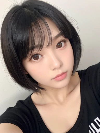 20-year-old women、Japanese、Beauty、The eyes are double、White pajama T-shirt、White Background、Breast、Beautiful Skin、Glossy Lips、Black short hair、Black Hair、Upper Body、head whole、Selfie from diagonally above