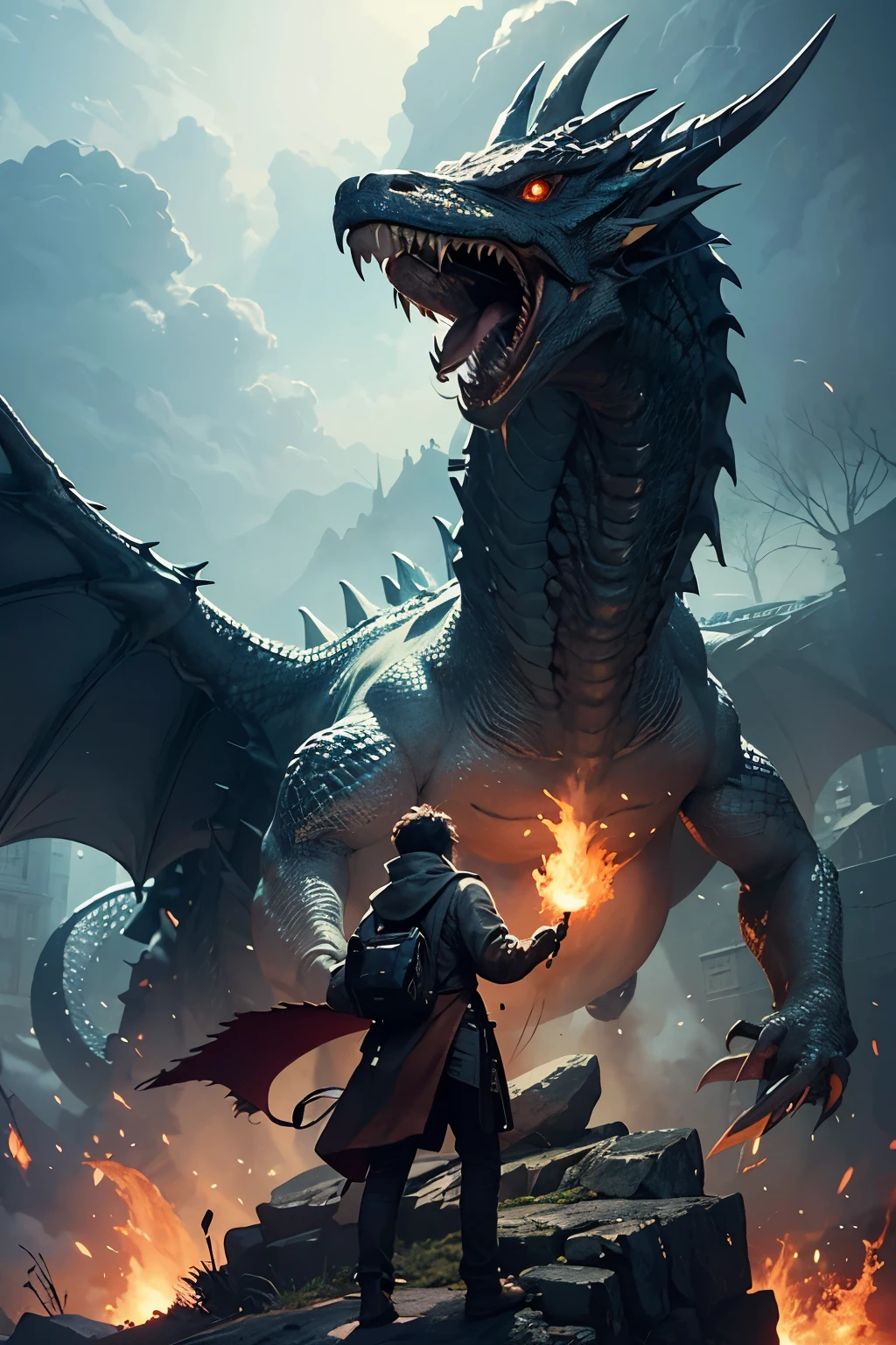 A very detailed painting,Depicts a man have a weapon on a hill gazing at a giant alien dragon flame breath, author:Shinkai Makoto, By Art Jem, From Wlop, author:Greg Rutkowski, Volumetric Lighting, Octane Rendering, 4K resolution, Popular on artstation, masterpiece ,wind magic