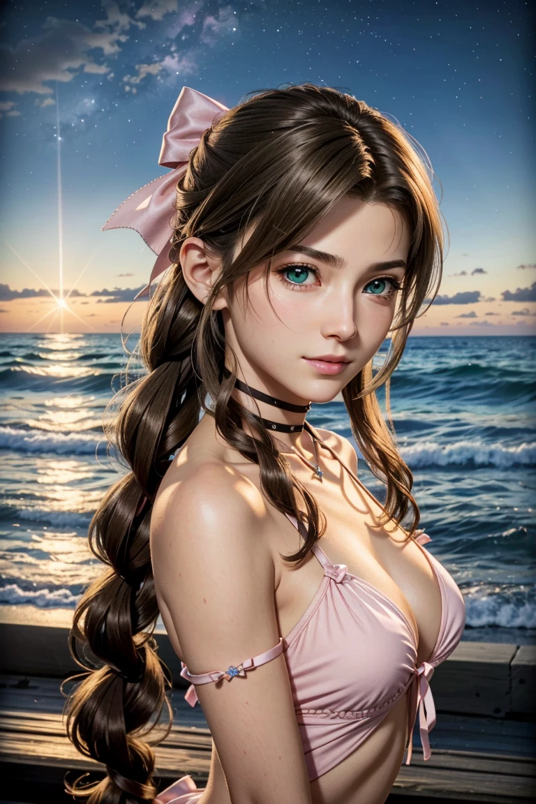 Aerith,FF7, Long Hair, bangs, Brown Hair, bow, ribbon, jewelry, Green Eyes, hair ピンクribbon, Braiding, hair bow, Side Lock, choker, necklace, lips, parted bangs, pink bow, Portraiture, Realistic,Super high quality,high quality,masterpiece,Digital SLR,Detailed explanation,Exquisite details,Anatomical basis,Detailed Description,Detailed face,Realistic skin texture,Sharp details,Perfect Anatomy,Perfect Anatomy,Anatomically correct hand,Anatomically correct fingers,Super Detail,Complex 3D rendering,Sexy pose,The beautiful world of Final Fantasy 7,Pink ruffled swimsuit,Wet,night,美しいnight空,A beach with a beautiful starry sky,shooting star,Fantastic beaches,Fantasy worldview,Picturesque,Pink Lips,smile,Brighten up your expression,