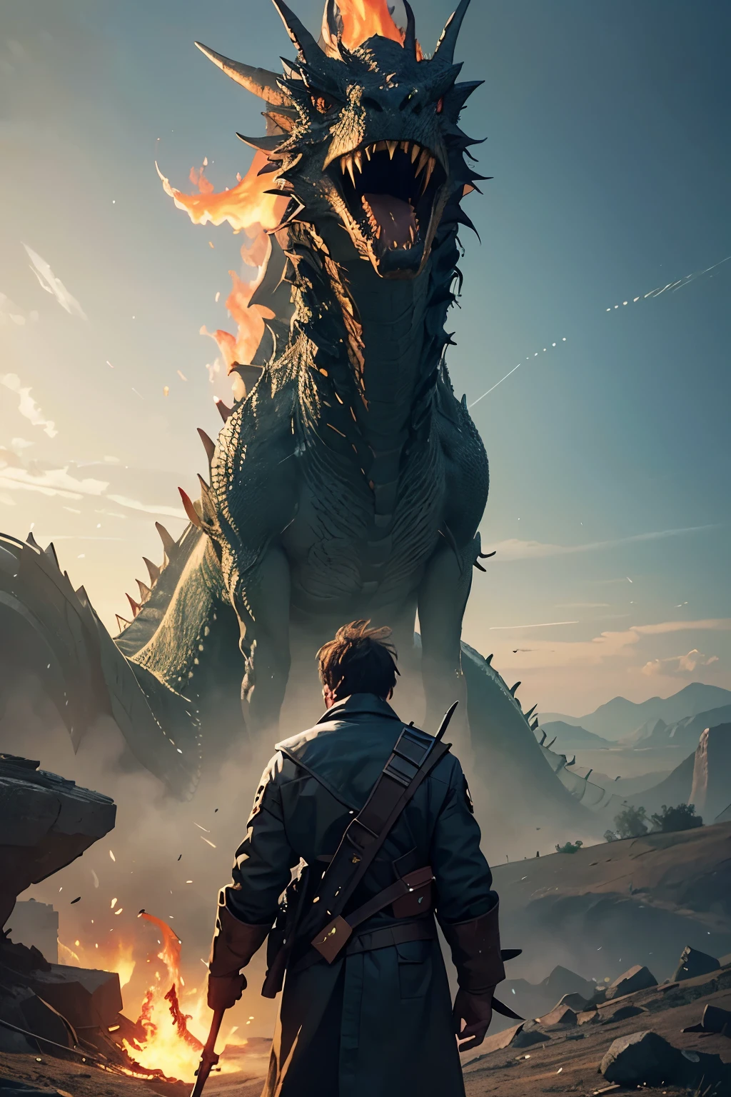 A very detailed painting，Depicts a man on a hill gazing at a giant alien monster, author：Shinkai Makoto, By Art Jem, From Wlop, author：Greg Rutkowski, Volumetric Lighting, Octane Rendering, 4K resolution, Popular on artstation, masterpiece 
