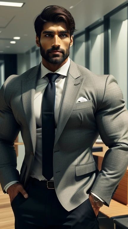 Create an ultra realistic a full body head to knee image of an extremely attractive handsome 30 year old only beared man exuding confidence and professionalism in his attire. he should have sharp features, mesmerizing hazel eyes, and a symmetrical face that radiates grace. The background should be dark. The man should be dressed in impeccable stylish professional attire that showcases his style and competence. Capture the essence of his determination, intelligence, and poise, making him the epitome of a successful and empowered Indian man in the corporate world.