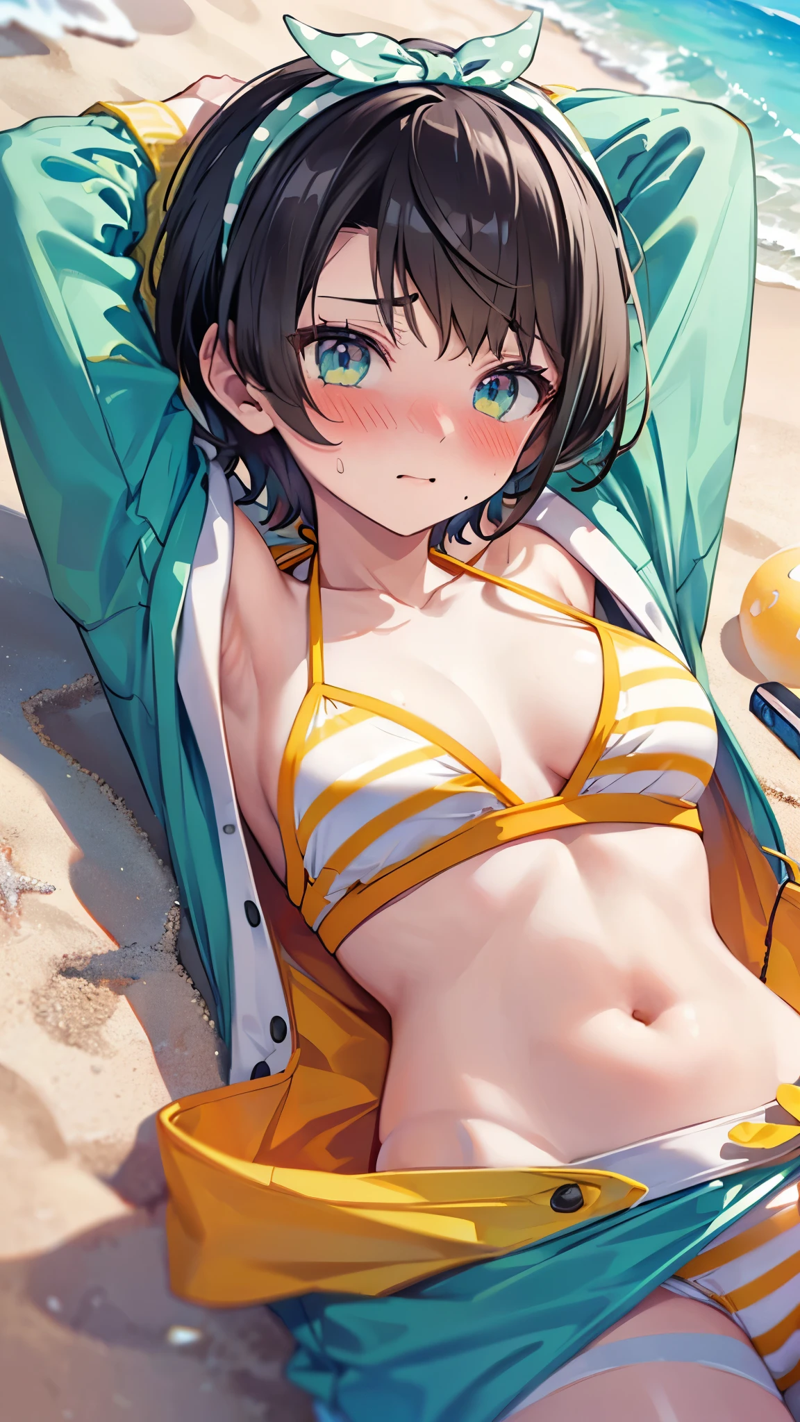 (best quality:1.2), (ultra detailed:1.2),(masterpiece:1.2),(8k:1.2),(ggsubaru, short hair, bow hairband, polka dot, collarbone, cleavage, striped bikini, aqua jacket, open jacket, long sleeves),(Blessed,Captivating body、Ultra detailed hands、Ultra-detailed eyes、Ultra-detailed skin、ultra-detailed face,Detailed Background),One Girl、(sandy beach ,lie down,arms up:1.5),(embarrassed,blush:1.5)