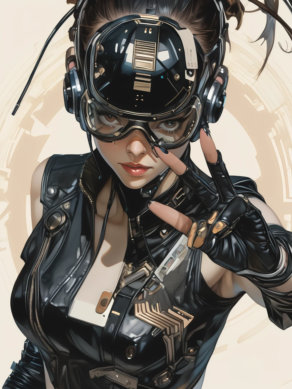 Overhead shot of a Woman in Black Cyberpunk leather, VR Headset, hand reaching out toward viewer, style by J.C. Leyendecker