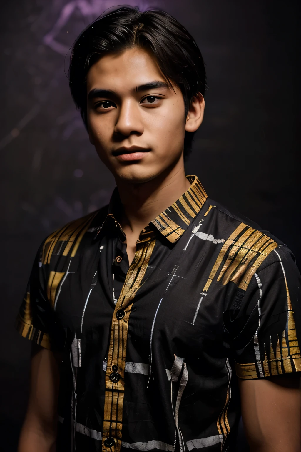 A 19 year old man dressed in batik with neat hair against a black light background, Reality