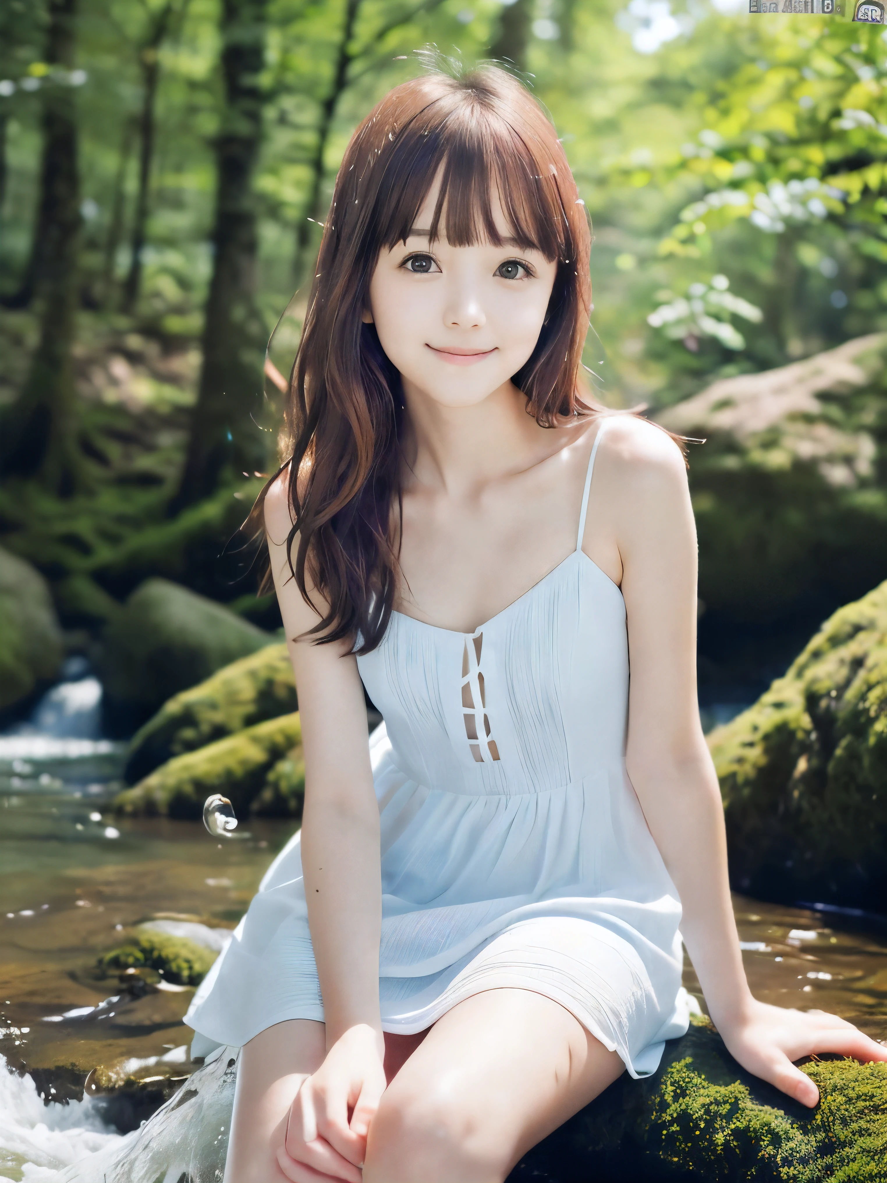 (Close up portrait of slender small-breasted red brown wavy long hair with dull bangs girl wearing a white summer dress:1.5)、(One girl is playing with shy smile in the clear stream and water fall at the forest in Japan:1.5)、(Summer beautiful blue sky and forest:1.5)、(blurred background:1.5)、(8k ultra detailed master piece:1.5)、(perfect anatomy:1.5)、(Photorealistic stick:1.5)、(Raw photo:1.3)、(highest quality:1.5)、(High resolution:1.3)、(Delicate and beautiful perfect face:1.3)、(Delicate and beautiful eye air skin:1.3)、(Real Human Skin:1.3)、((thin legs))