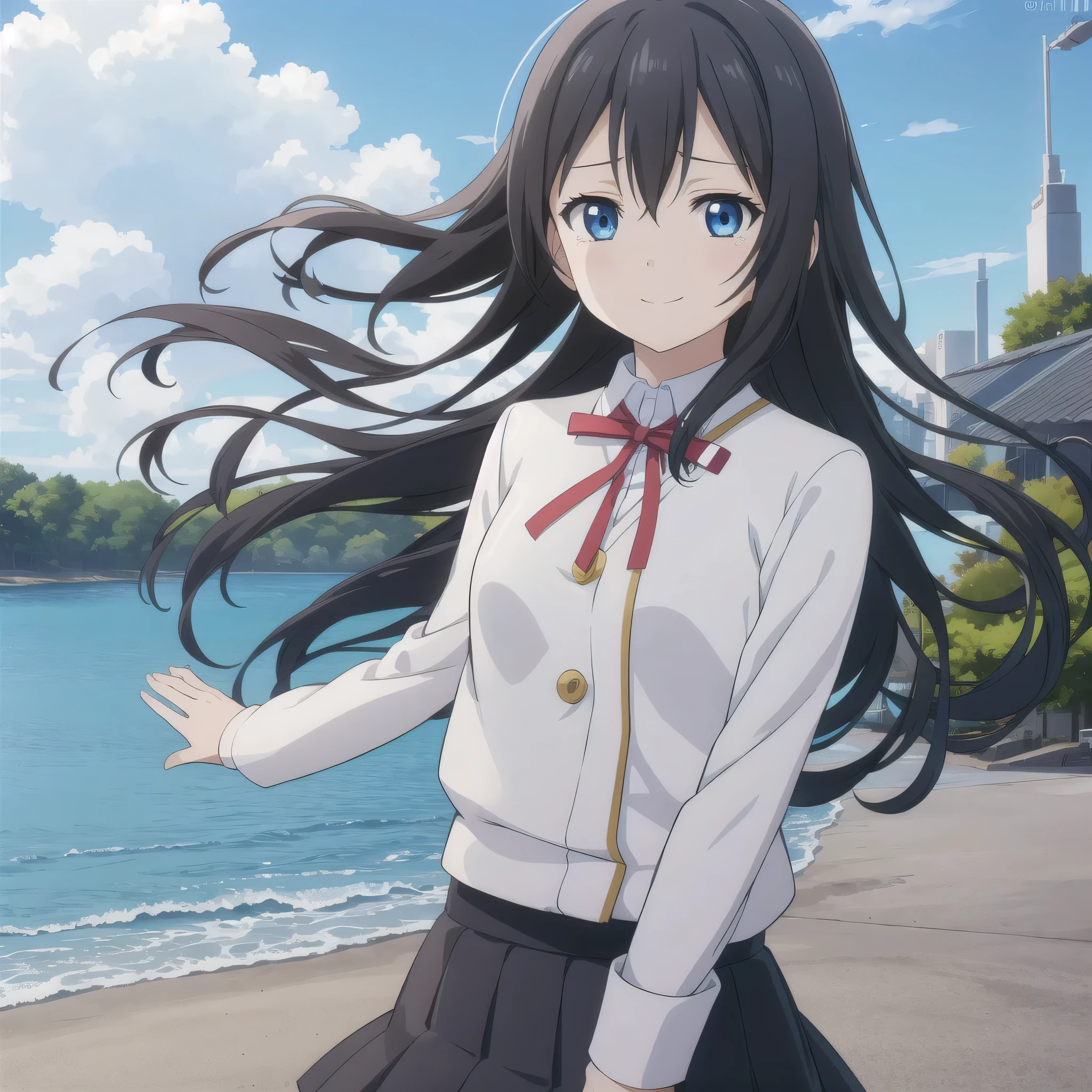 One girl, High resolution, Long Hair, bangs, Black Hair, Hair blowing in the wind, Straight Hair, chest, smile, blue eyes, Open your mouth, tears, Are crying, Slanted Eyes, Cry with your eyes open, Sad, Tsundere, Simple Background, anime, modern, high school girl,uniform