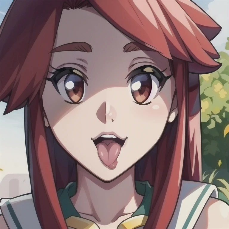 (masterpiece, official art, detailed face), tansau, 1girl, red hair, (closed mouth), tongue, 