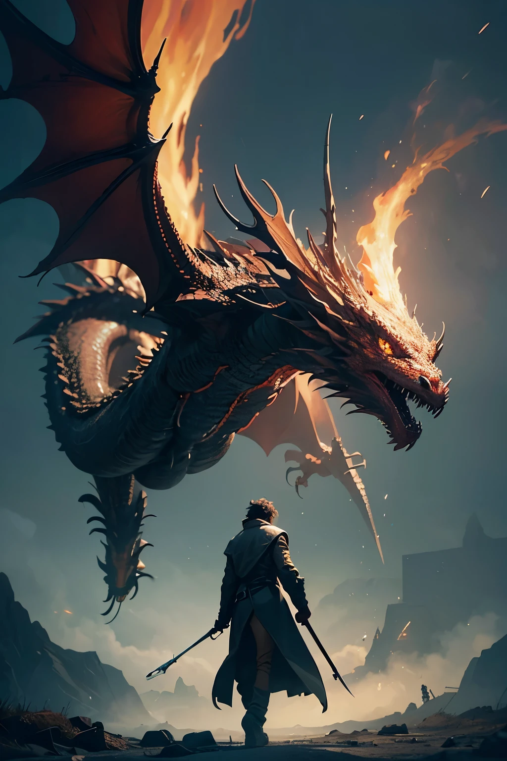 A very detailed painting,Depicts a man have a weapon on a hill gazing at a giant alien dragon flame breath, author:Shinkai Makoto, By Art Jem, From Wlop, author:Greg Rutkowski, Volumetric Lighting, Octane Rendering, 4K resolution, Popular on artstation, masterpiece ,wind magic