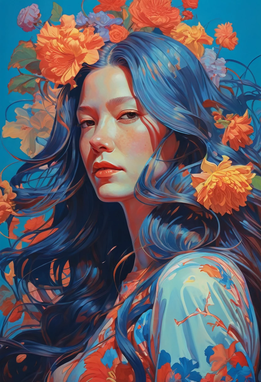 Painting of a woman with long hair and flowers, Front facing、Ultra-fine paintings inspired by James Jean, Reddit, neo-fauvism, James Jean and Petra Cortright, James Jean Mark, JamesJean」, James Jean Andrey Ryabovitchev, Kilian Eng: Vibrant colors, James Jean Soft Light 4K, Kilian Eng: Vibrant colors