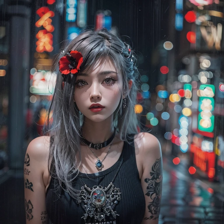 Highest quality、、masterpiece:1.3、Gothic Punk、Red on the inside、Gray Black Hair、hair ornaments、beautiful girl、creative、Punk Shirt、Neogoth、Goth Fashion:1.2、High resolution、masterpiece、Highest quality、頭w:1.3、((Hasselblad Photos))、Fine skin、Sharp focus、(Cinema Lighting)、Explore Tokyo'The city at night beyond the neon lights, Forehead open, 17 years old、Petting'Hair back、Shoulder Bare、Small red rose tattoo on the décolletage、Just one tattoo