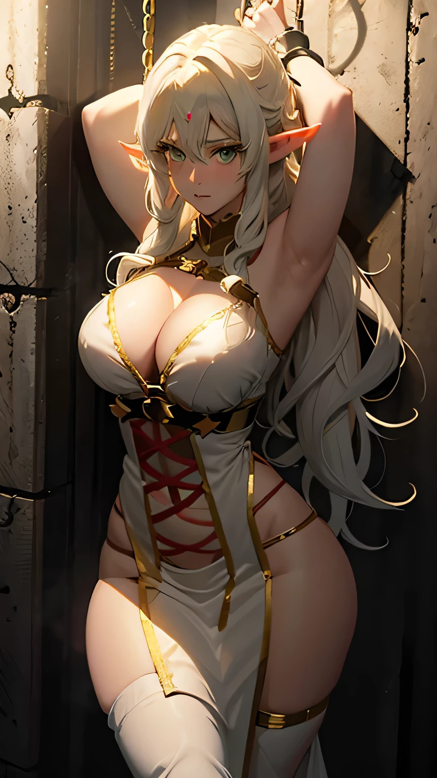 beautiful detailed 35 years old female elf queen, beautiful face, wearing crown, long and sharp ear, white hair, trapped in a jail, tied wrists, hanging around, being a slave, tie wrists, curvy body, ultra large sagging breasts, massive cleavage exposed, huge buttock