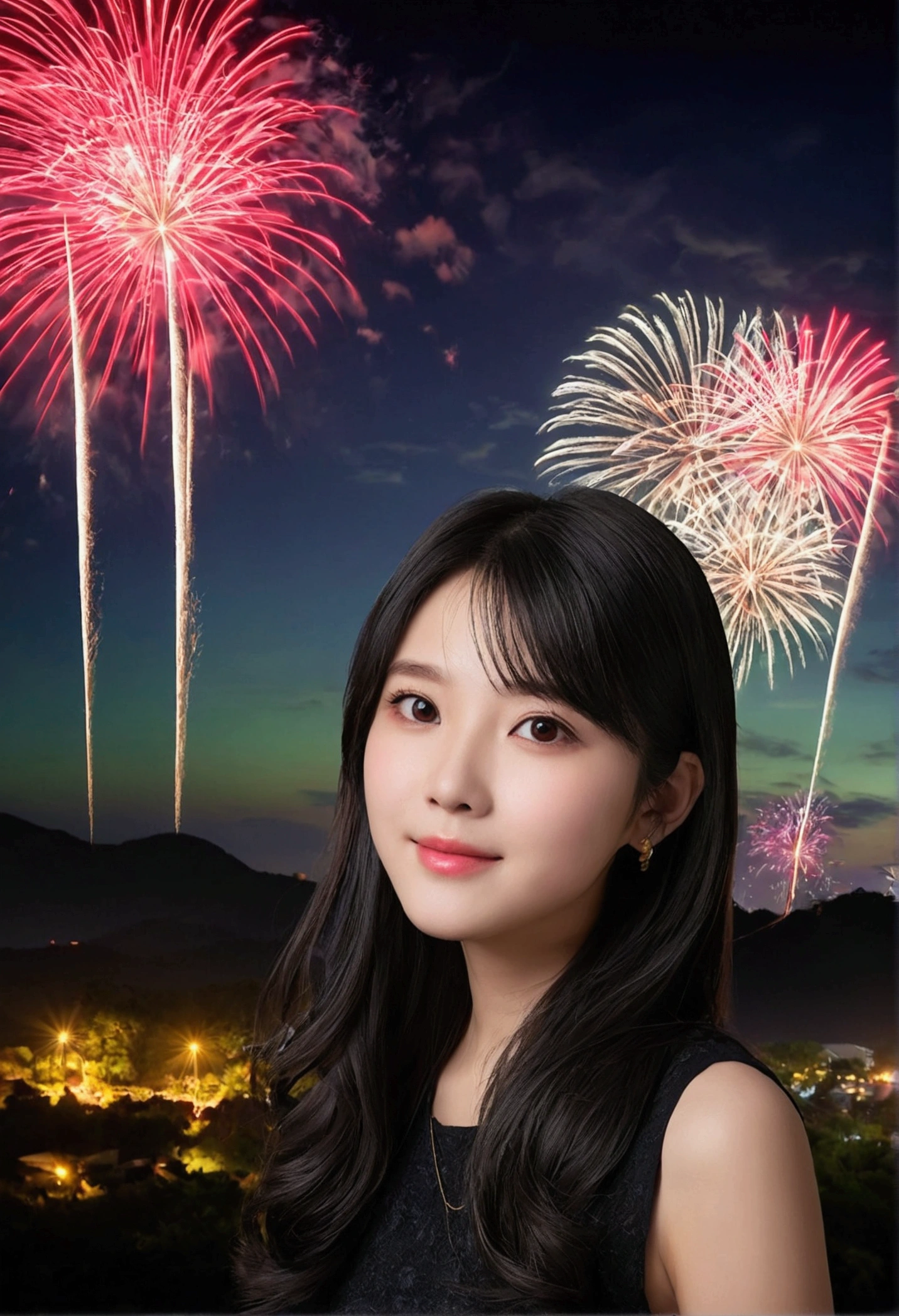 a girl，contour，landscape， Exposing the whole body，Nice face，Red pupils，Gray and black hair accessories bloom，色とりどりのFireworks，Fireworks，daisy，Floating in the sky，bright，cheerful，Warm and soft lighting，night，Green，Qingyun，bar cloud