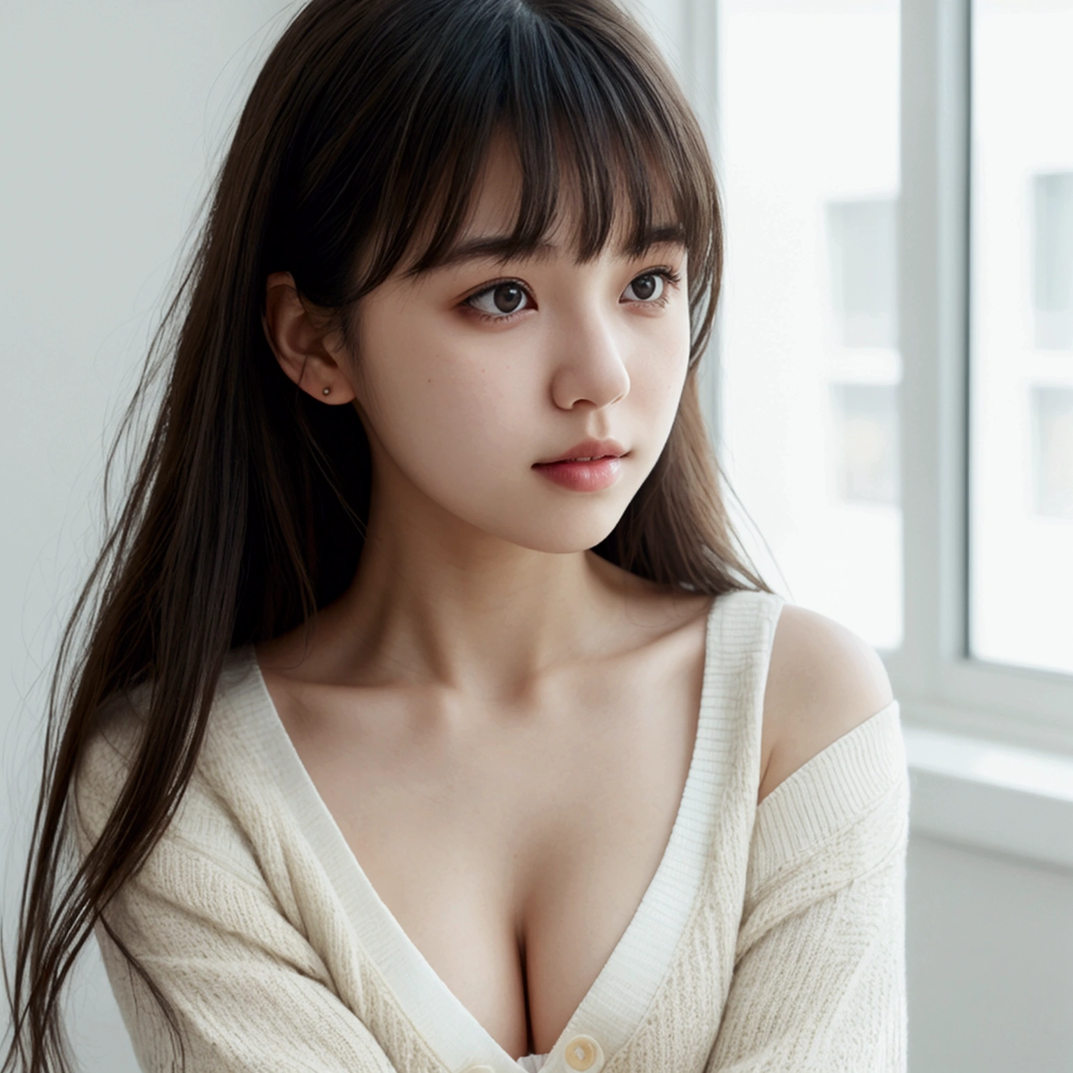 1girl,3d,artist name,blurry,blurry background,blurry foreground,bokeh,breasts,brown eyes,black hair,chromatic aberration,collarbone,depth of field,lens flare,lips,looking at viewer,motion blur,indoors,photo background,piercing,realistic,long hair,straight hair,solo,sweater,swept bangs,teeth,upper body,summer,camisole,smooth cloth,cardigan,
messy hair,sleeveless,white room,evening,show arms,no brown,no window,lightly dressed,kiss,puffy cheeks,sleepy,sleep,lie down