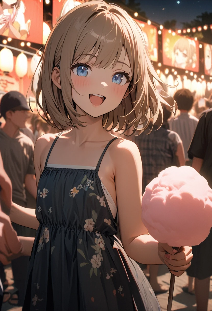 1 girl, 18yo, (flat chest: 1.5), blue eyes, light brown hair, bob cut, summer outfit, smile, open mouth, standing, upper body, (various pose:1.5), summer festival, holding cotton candy with stick, crowd, night, 8k, RAW photo, best quality, masterpiece, extremely detailed 8k wallpaper, ultra-detailed, best shadow, detailed background, beautiful detailed face, beautiful detailed eyes, nice hands, perfect hands
