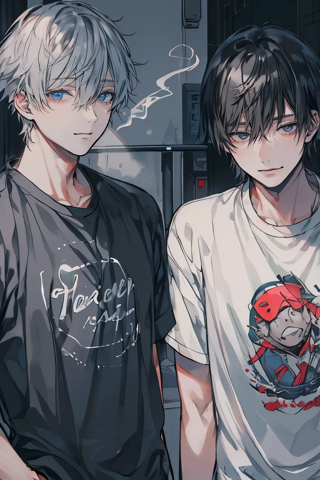 (Mastepiece), (Best Quality), Very detailed, (((Two friendly men:1.5))), Perfect Face, Beautiful Face, Very detailedな顔,(Black-haired man:1.3),(Grey-haired man:1.3),T-Shirts、cigarette、alley