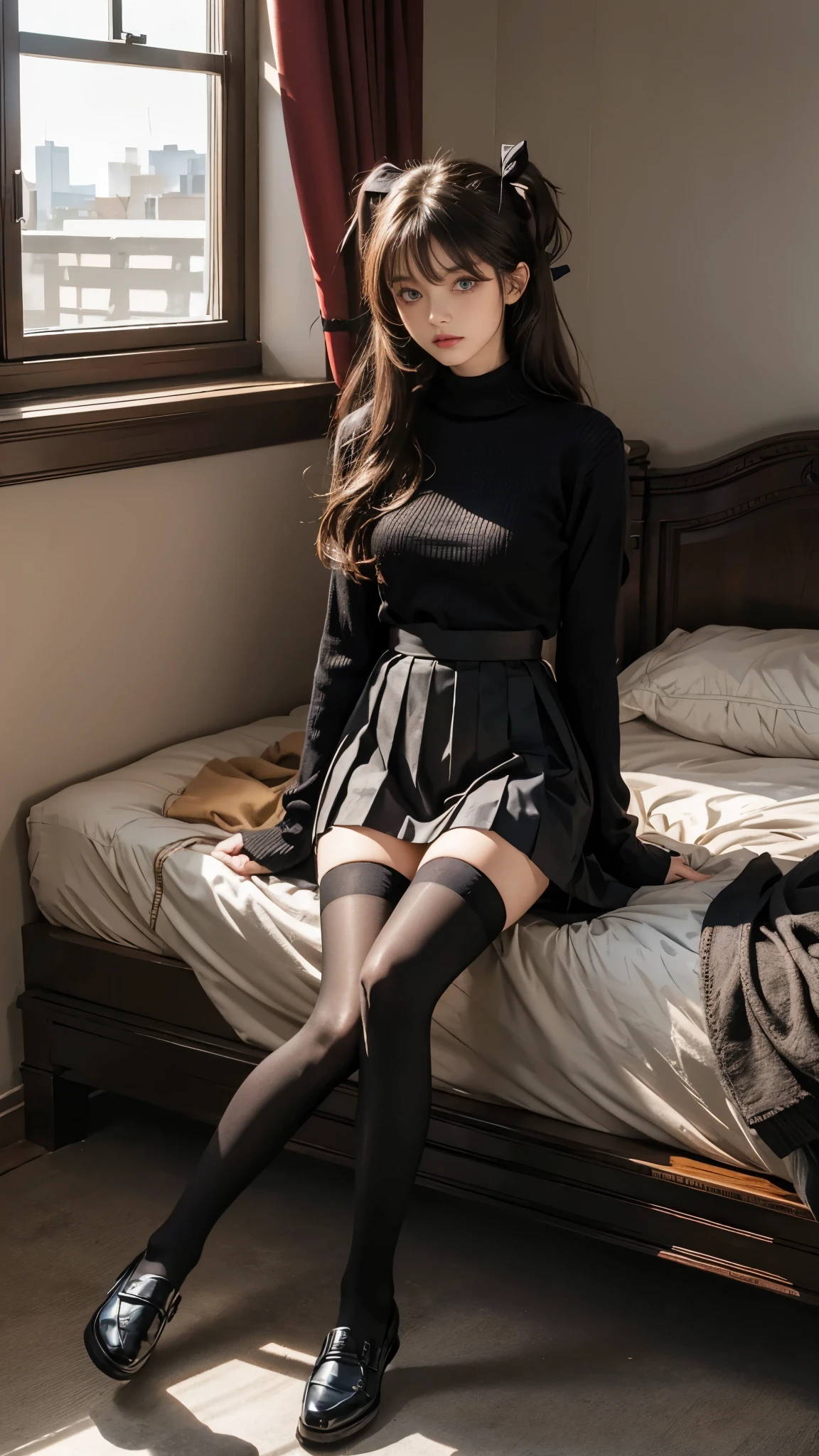 
1girl,tohsaka rin,long hair,thighhighs,solo,skirt,black thighhighs,shoes,sitting,blue eyes,two side up,arm support,zettai ryouiki,black skirt,artist name,long sleeves,black hair,pleated skirt,indoors,bed,ribbon,hair ribbon,looking at viewer,turtleneck,shirt,brown hair,curtains,long legs,miniskirt,black footwear,sweater,leaning back,bangs,red sweater,sunlight,loafers,lips,window,