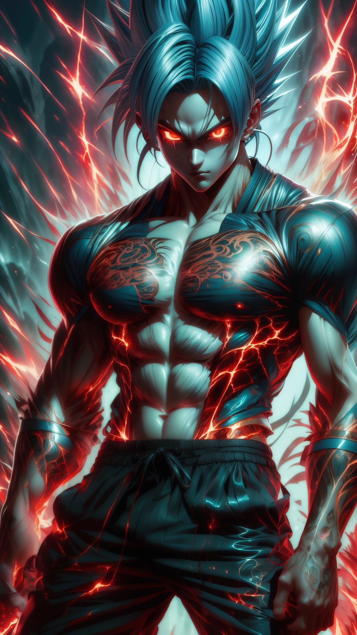 (Aesthetics, Hi-Res: 1.2), Get ready for a visual feast with 20 year old Vegito, solo, brilliant blue hair and tattoos, a creature with a handsome face and piercing golden eyes . In his transformed state, he radiates extreme instinct and power, creating an epic animation of this energetic man. fire and lava in stunning anime artwork that will leave you in awe. This concept art comes straight from the Bleach Universe, with manga-style 8k wallpapers that will transport you to another dimension. Prepare to be amazed by this detailed work of digital anime art, representing the ultimate combination of style and power.