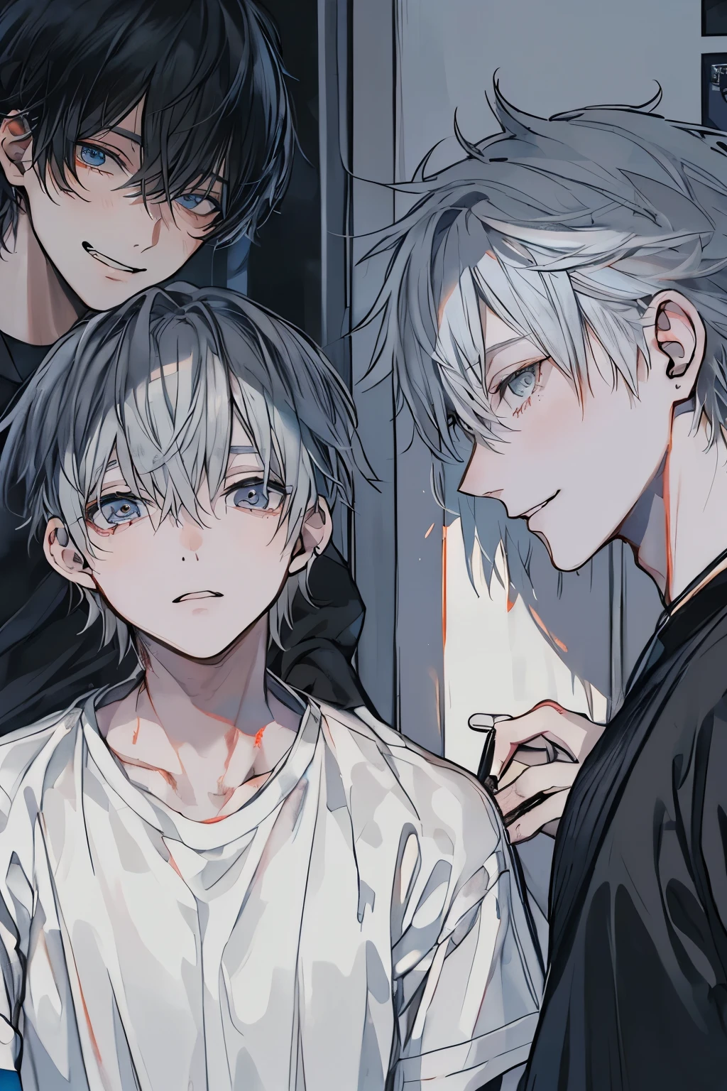 (Mastepiece), (Best Quality), Very detailed, (((Two friendly men:1.5))), Perfect Face, Beautiful Face, Very detailedな顔，(Black-haired man:1.3)，(Grey-haired man:1.3)，T-Shirts、cigarette、alley