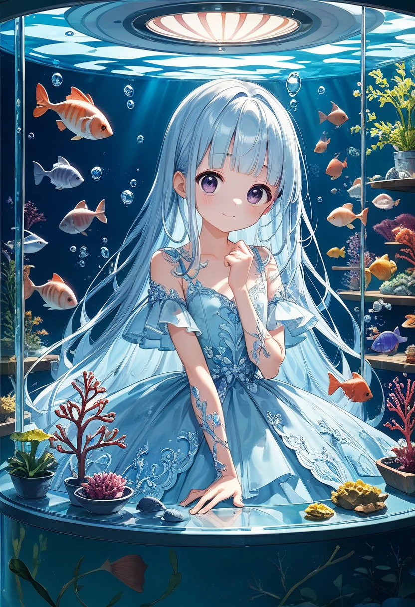 masterpiece, best quality, extremely detailed, (illustration, official art:1.1), 1 girl ,(((( light blue long hair)))), ,(((( light blue long hair)))),light blue hair, , long hair ((blush)) , cute face, big eyes, masterpiece, best quality,(((((a very delicate and beautiful girl))))),Amazing,beautiful detailed eyes,blunt bangs((((little delicate girl)))),(((tareme))),droopy eyes.(true beautiful:1.2), sense of depth,dynamic angle,,,, affectionate smile, (true beautiful:1.2),,(tiny 1girl model:1.2),)(flat chest),1 Girl, alone,Purple eyes, Long Hair, blunt bangs, bangs,(girl it look at See the one sharks ), aquarium, Glass tunnel, sea creature, school of fish, illumination, Blue light, Aquarium, reflection, adventure, excited, Light effects, mysterious