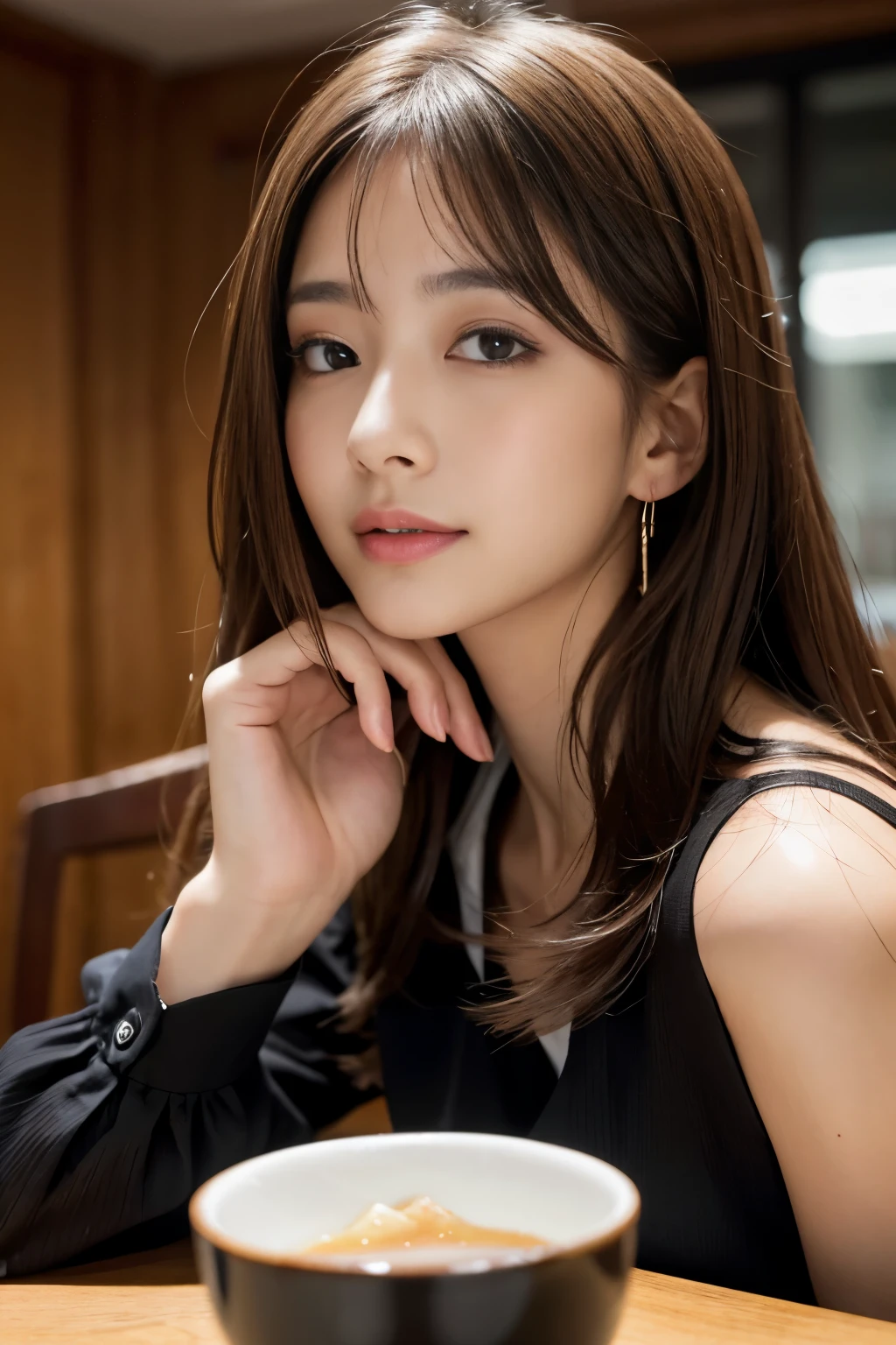 table top、highest quality、real、Super detailed、finely、High resolution、8k wallpaper、one beautiful woman、、light brown messy hair、He is wearing a black see-through dress shirt with an open collar、sharp focus、perfect dynamic composition、beautiful detailed eyes、thin hair、Detailed and realistic skin texture、smile、close up portrait、model body shape、President's Secretary、miniskirt、high heels、whole body