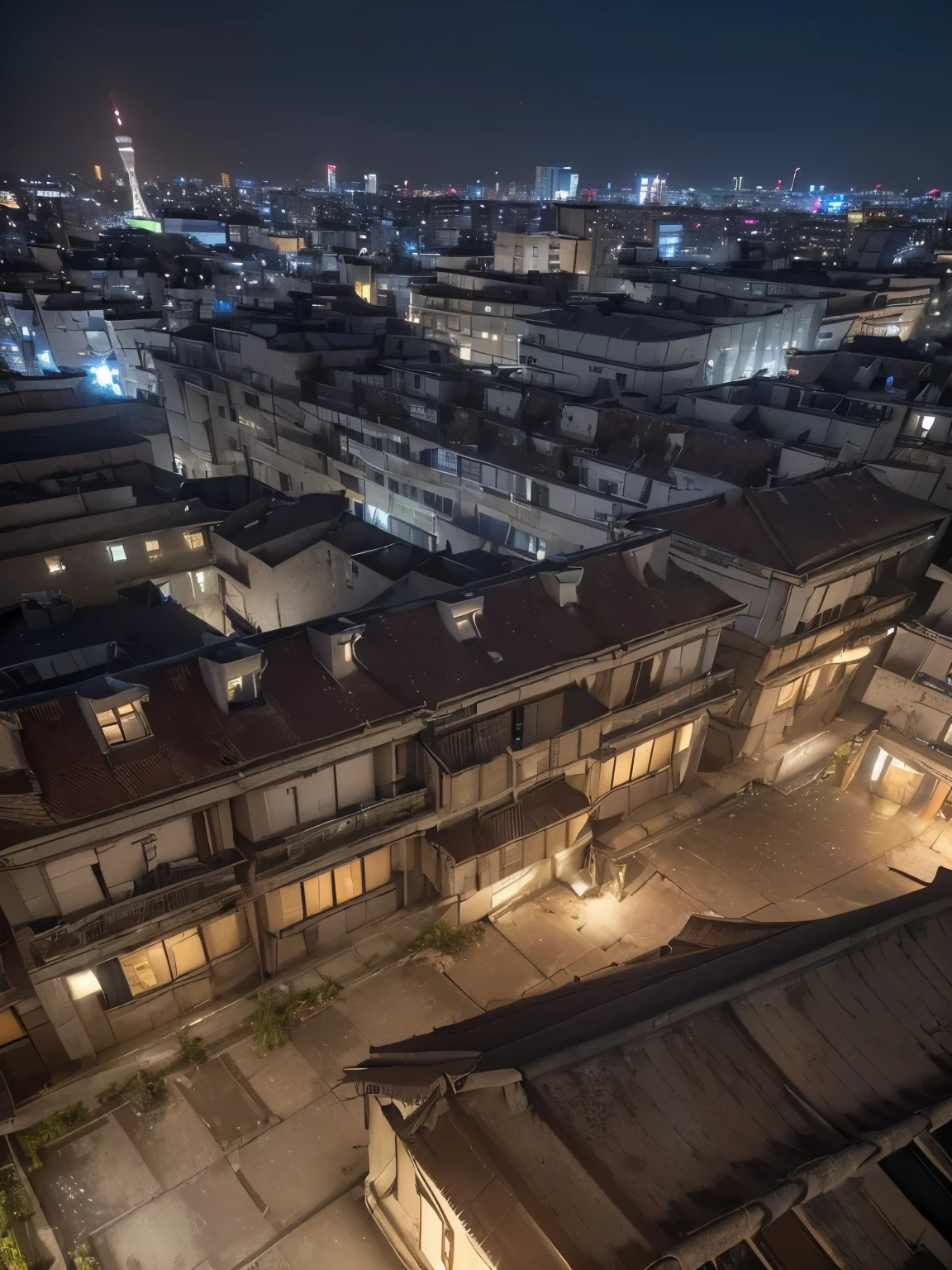 (masterpiece:1.2, Best Quality:1.2), 8K wallpaper, cinematic lighting, professional lighting, ultra High resolution, hyper realistic photograph, RAW photo, (((outdoors, ultra realistic exterior of roof top of shabby & dirty building, ultra realistic exterior of roof top of old building, concrete floor, night street view from upper angle:1.55, Osaka))),