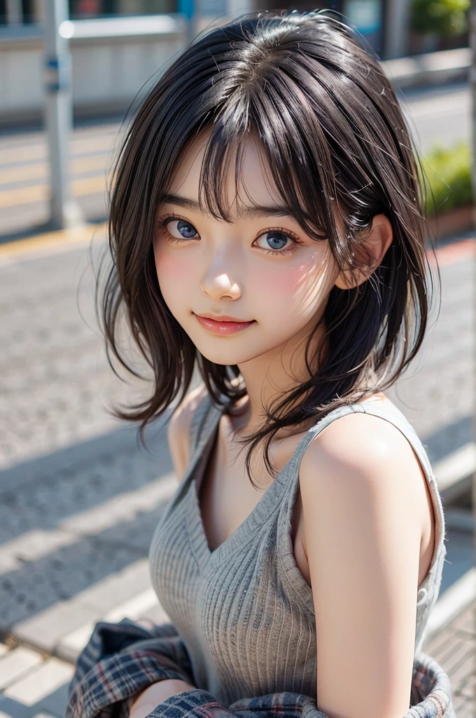 (Masterpiece, BestQuality:1.2), (hyperrealistic), (8k,Photorealistic), (realistic),girl standing street,tokyo,streetsnap,BREAK (brown cap,Latest Japanese fashion for teens in 2024,),whole body,BREAK (16yo,detailed face,(darkblue hair, wavy-short hair),middle thick eyebrows,eyes with large irises,middle small breasts,small nose, fresh lips),beautiful lighting, volumetric lighting, dynamic angle, looking at viewer, (photographic portrait), sharp,BREAK (dynamic posing,smile)