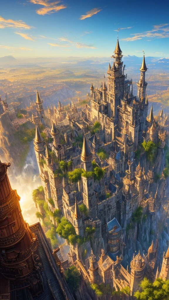 tmasterpiece，Best quality at best，high high quality，the Extremely Detailed CG Unity 8K Wallpapers，(Steampunk castle，Above the sky)，Elevation perspective