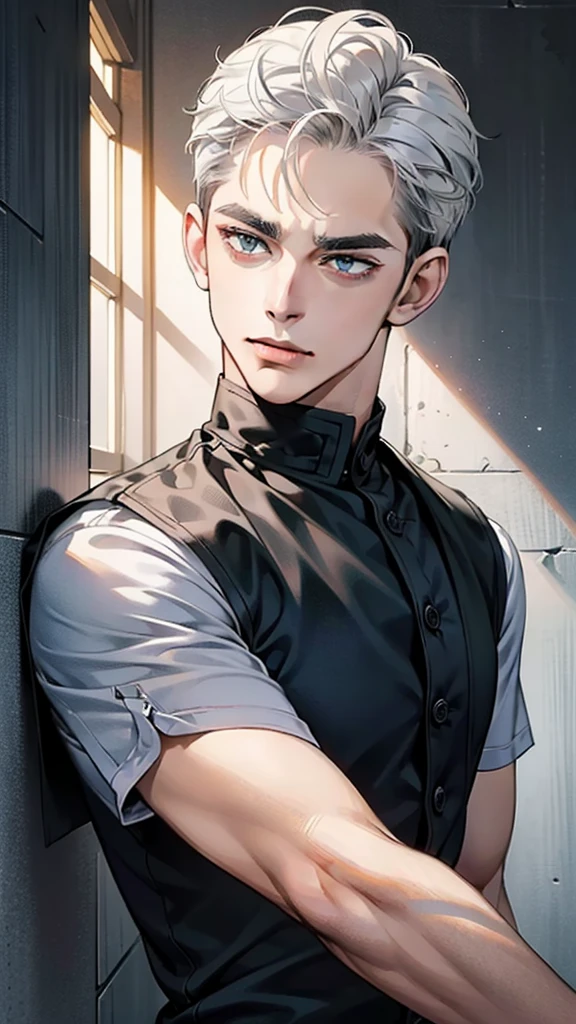 masterpiece, best quality, Practical, 1 person, Mature male, A quiet and charming young man, 41 years old, Serious look, Shut up, portrait, Extremely detailed face, sneer, ((Dark gray blue eyes)), ((Short black and white hair combed to the right)), [Thick eyebrows], ((Set)), Handsome, whole body, The west, Jewish, Light brown skin,