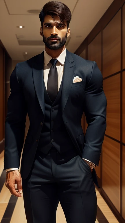 Create an ultra realistic a full body head to thighs image of an extremely attractive handsome 30 year old only beared man with spiky hairstyle exuding confidence and professionalism in his attire. he should have sharp features, mesmerizing hazel eyes, and a symmetrical face that radiates grace. The background should be dark. The man should be dressed in impeccable stylish professional attire that showcases his style and competence. Capture the essence of his determination, intelligence, and poise, making him the epitome of a successful and empowered Indian man in the corporate world.