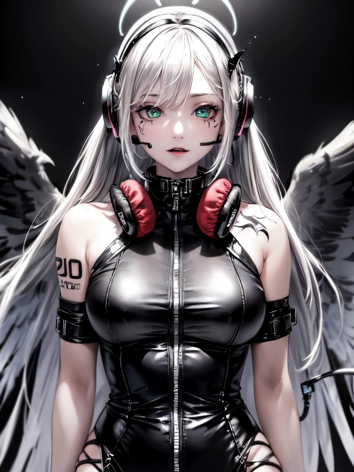 best quality, beautiful lighting, masterpiece, extremely detailed CG unity 8k wallpaper, (kawaii: 1.3), (pixiv: 1.3), (barcode tattoo: 1.3), silver hair, green eyes, highlight in eyes, smile, BREAK, (restraint:1.4), (headphones:1.4), collar, skindentation, see through bodysuit, gloves, lace-up boots, black wings, feathered wings, (black halo:1.4), zipper, handcuffs, (body writing:1.4), red moon,