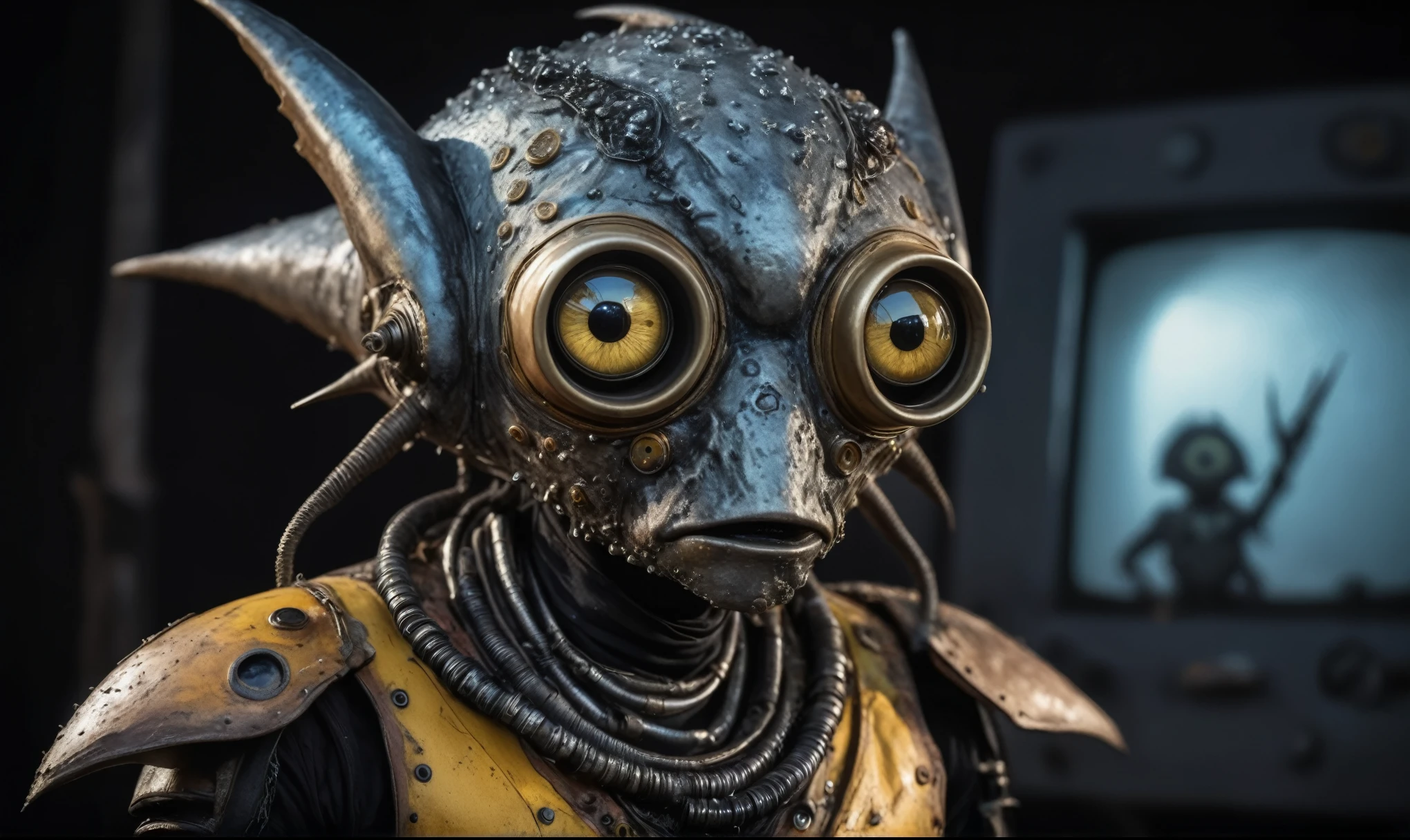 full body length shot,nerd graphite  Alien Entity,native africa slave ,azctec Finnish Lapland,Cinematic,soft colors, Technicolor,natural skin textures, hyper realism, hyper detailed,Extremely detailed,High contrast,Masterpiece,Realistic,Ultra Detailed, intricate details,realistic humid leather,extremely intricate details,Epic Realistic, cinematic style, irina yermolova,high contrast,hdr,extremely detailed, [deep night landscape],masterpiece, intricate details, eyes extremely detailed, high detailed eyes,8k resolution,retina, Nikon Z9,Korea,orc,Egypt, Pisces, transition between two art styles,full body length, Double contact, X-ray, Creative, vivid light, fantasy, Abstract, Surrealism, super detailed, high resolution,insanity national folk wear,skin  almost translucent, gothic elements,Mestichino,Light particles,chaos,starfish's leather,"(The best lighting, dark, dramatic), terror.),(fish eyes, A Modern flat toon Crazy whit a Big ONE a Only Eye Robot USSR , and helmet Style, tongs in hands, Tv head, pinhead, camouflage Yellow White Pink Rusty, Ambient in a meteorite crater super detailed, 